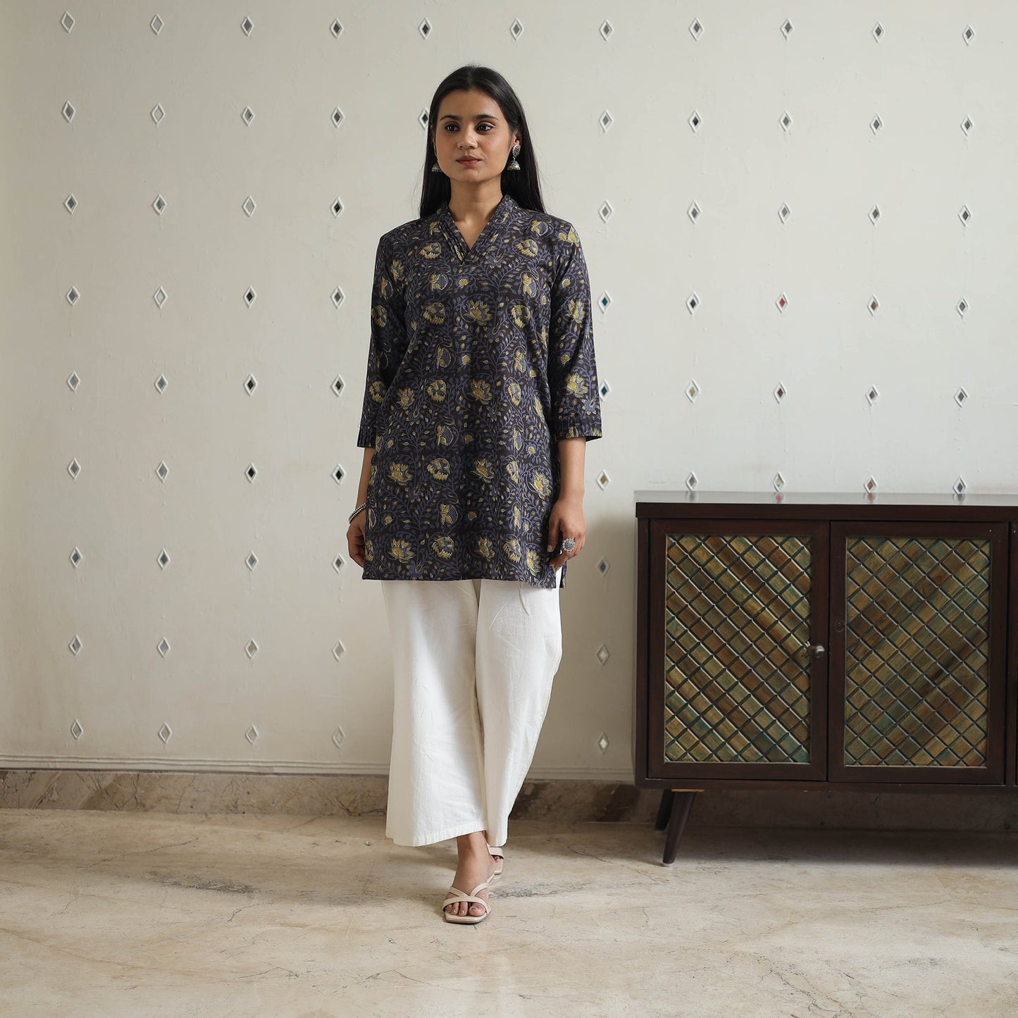 Hand Block Printed Cotton Short Bagru Kurta for Women