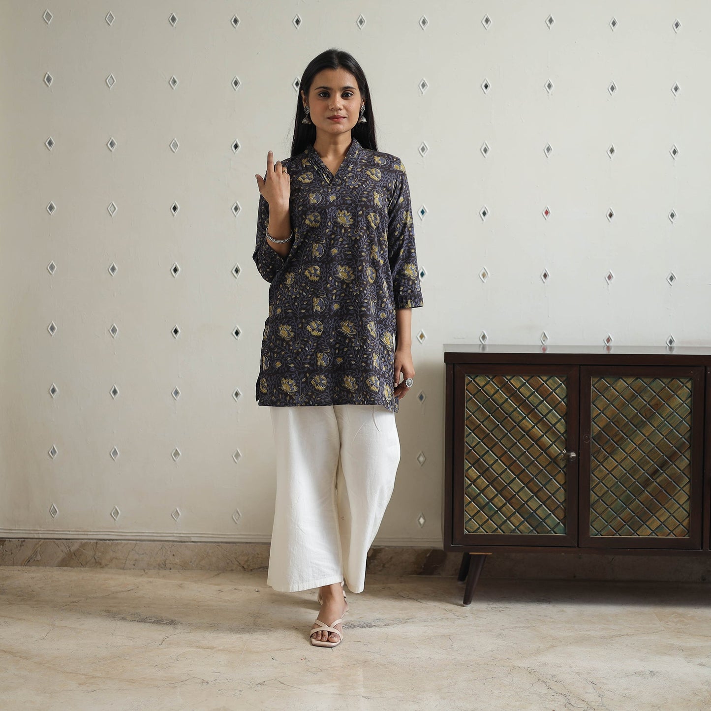 Hand Block Printed Cotton Short Bagru Kurta for Women