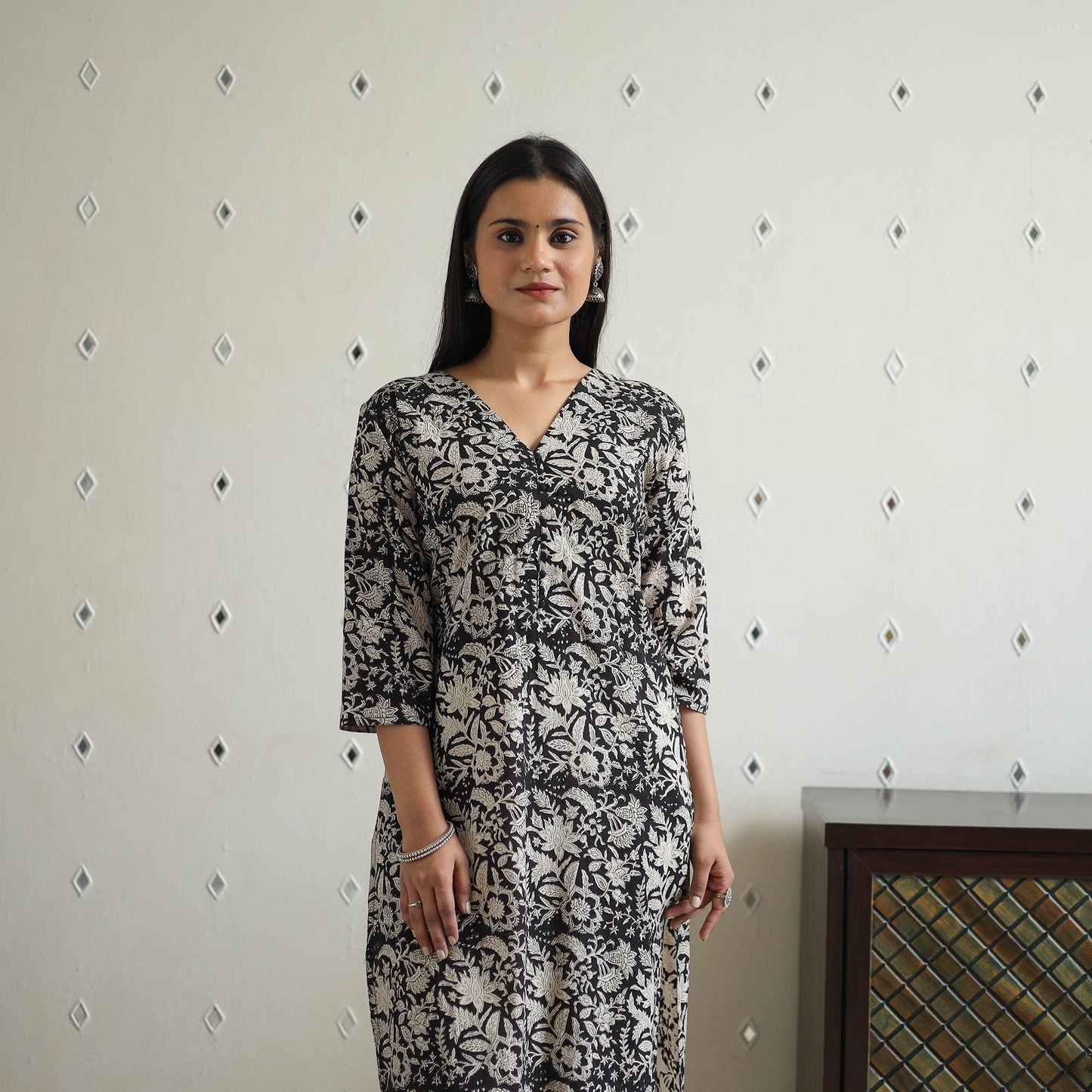 Hand Block Printed Cotton Straight Bagru Kurta for Women