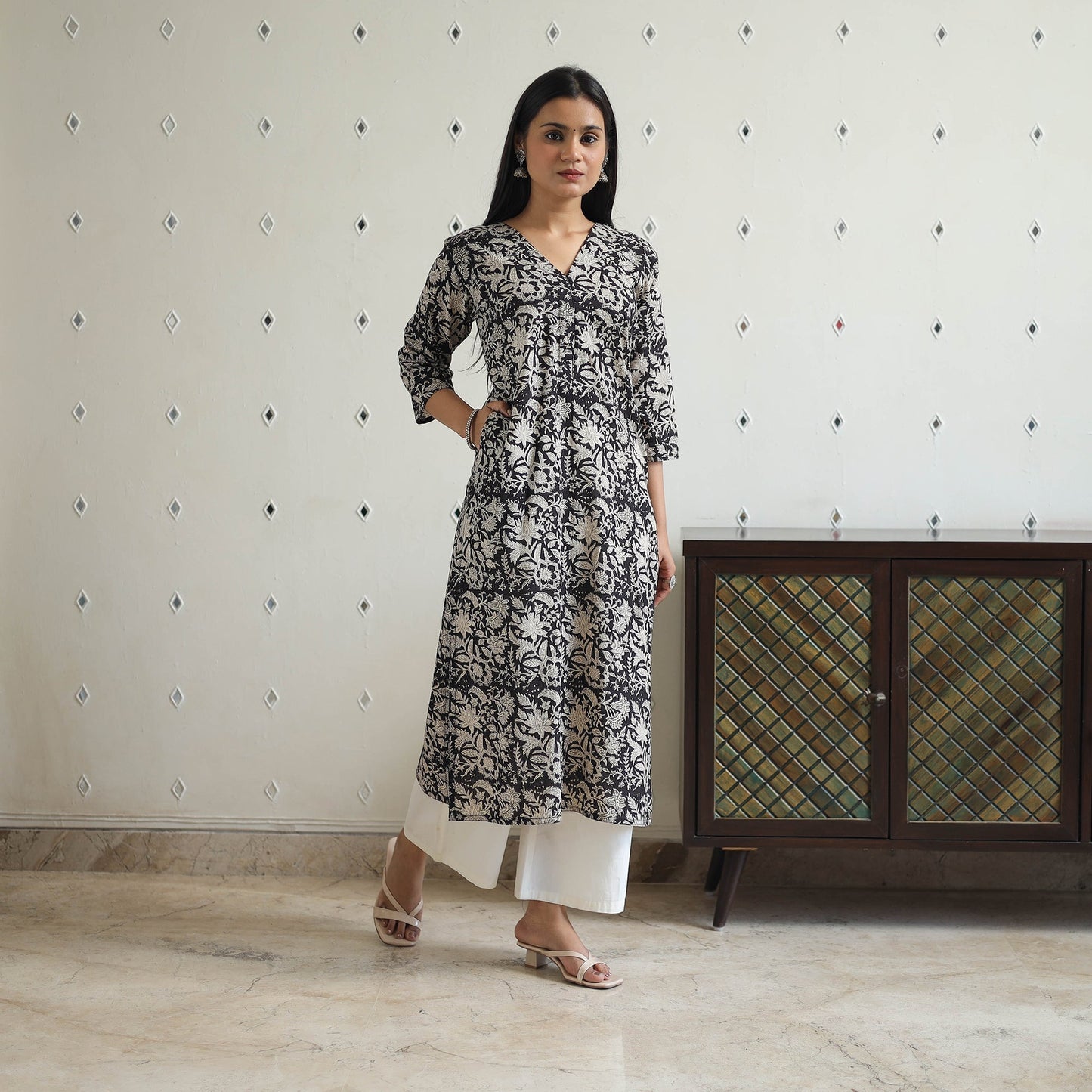 Hand Block Printed Cotton Straight Bagru Kurta for Women
