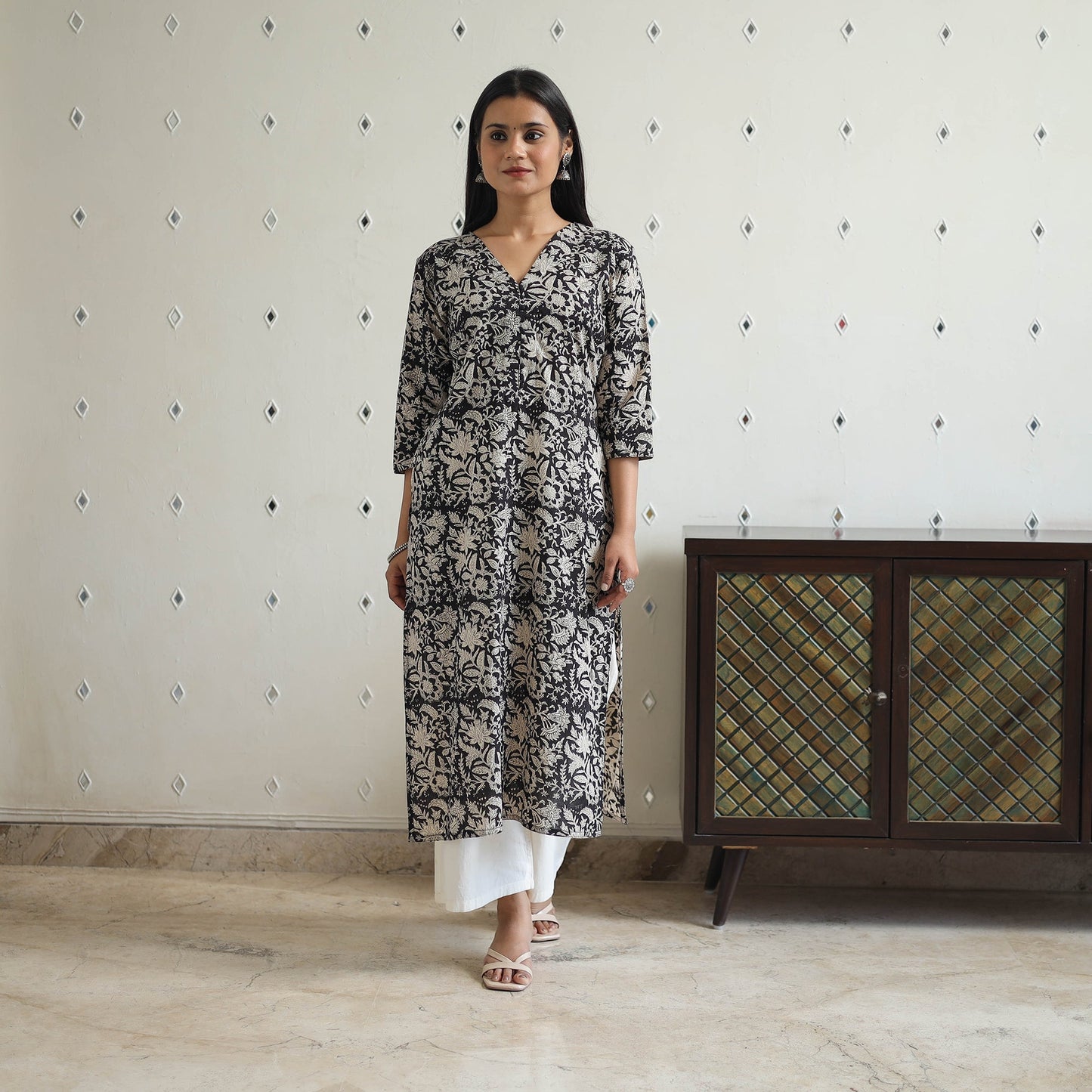 Hand Block Printed Cotton Straight Bagru Kurta for Women