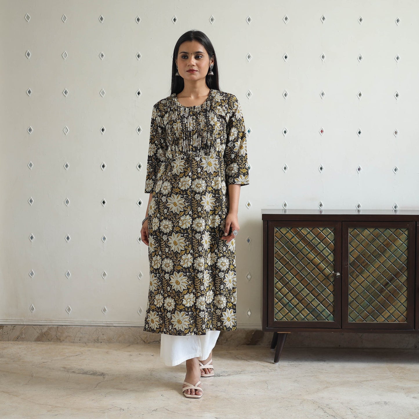 Hand Block Print Cotton Straight Pintuck Bagru Kurta for Women