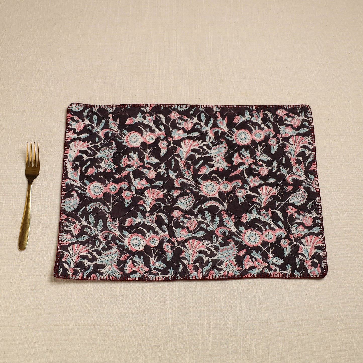 Black Hand Embroidered Floral Cotton Reversible Table Mat