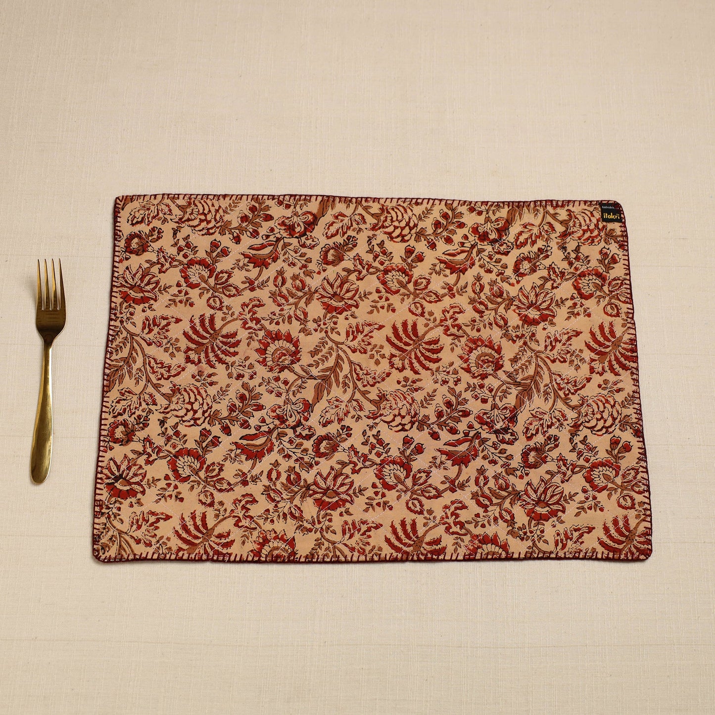 Black Hand Embroidered Floral Cotton Reversible Table Mat