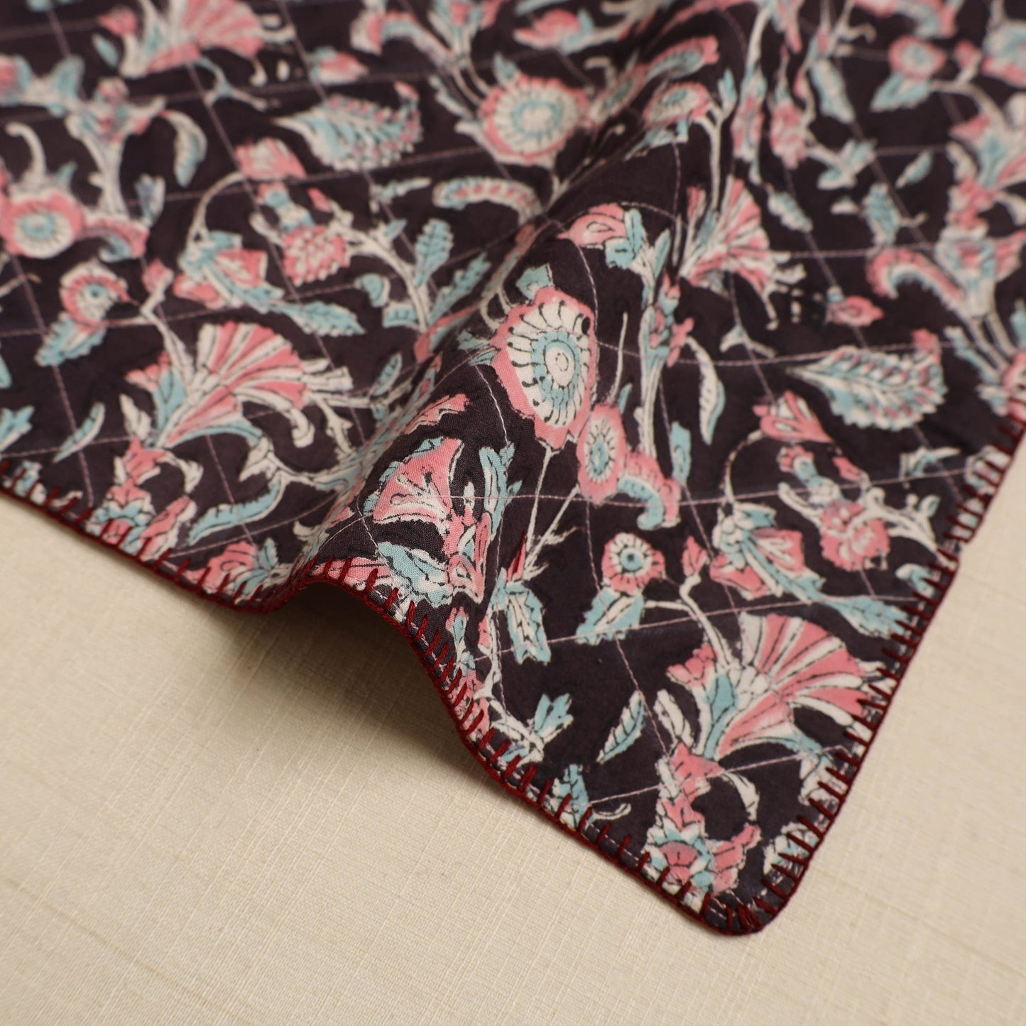 Black Hand Embroidered Floral Cotton Reversible Table Mat