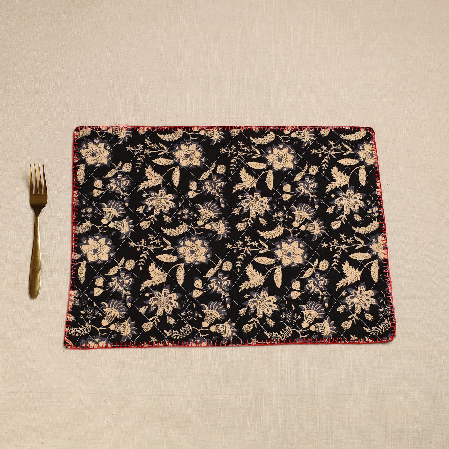 Black Hand Embroidered Floral Cotton Reversible Table Mat