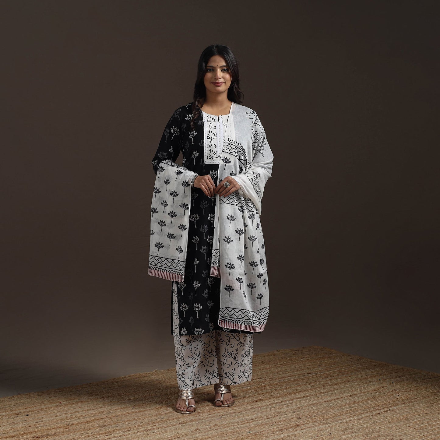 Hand embroidered jaipur cotton suit set with dupatta