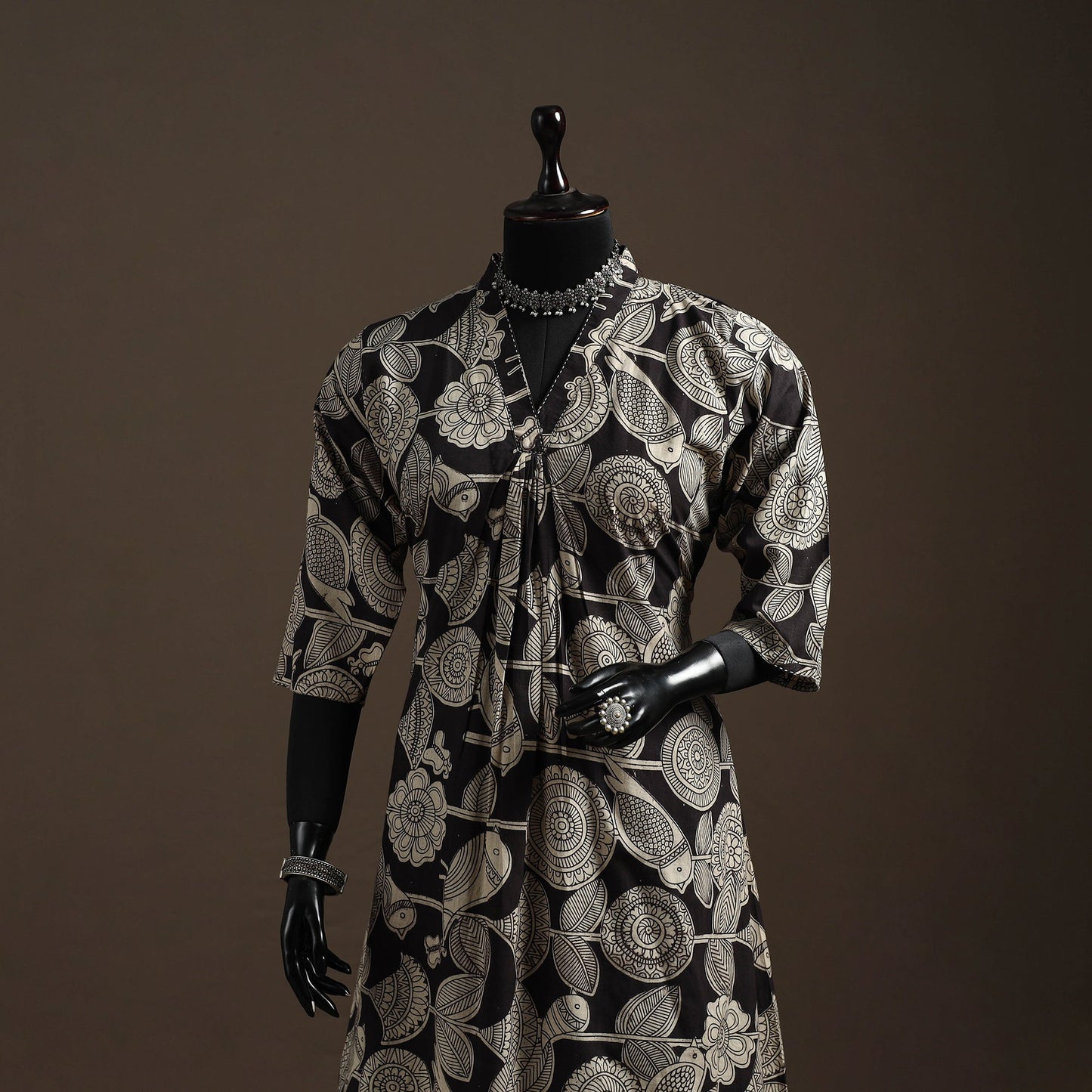 Hand embroidered printed cotton a-line kalamkari kurta