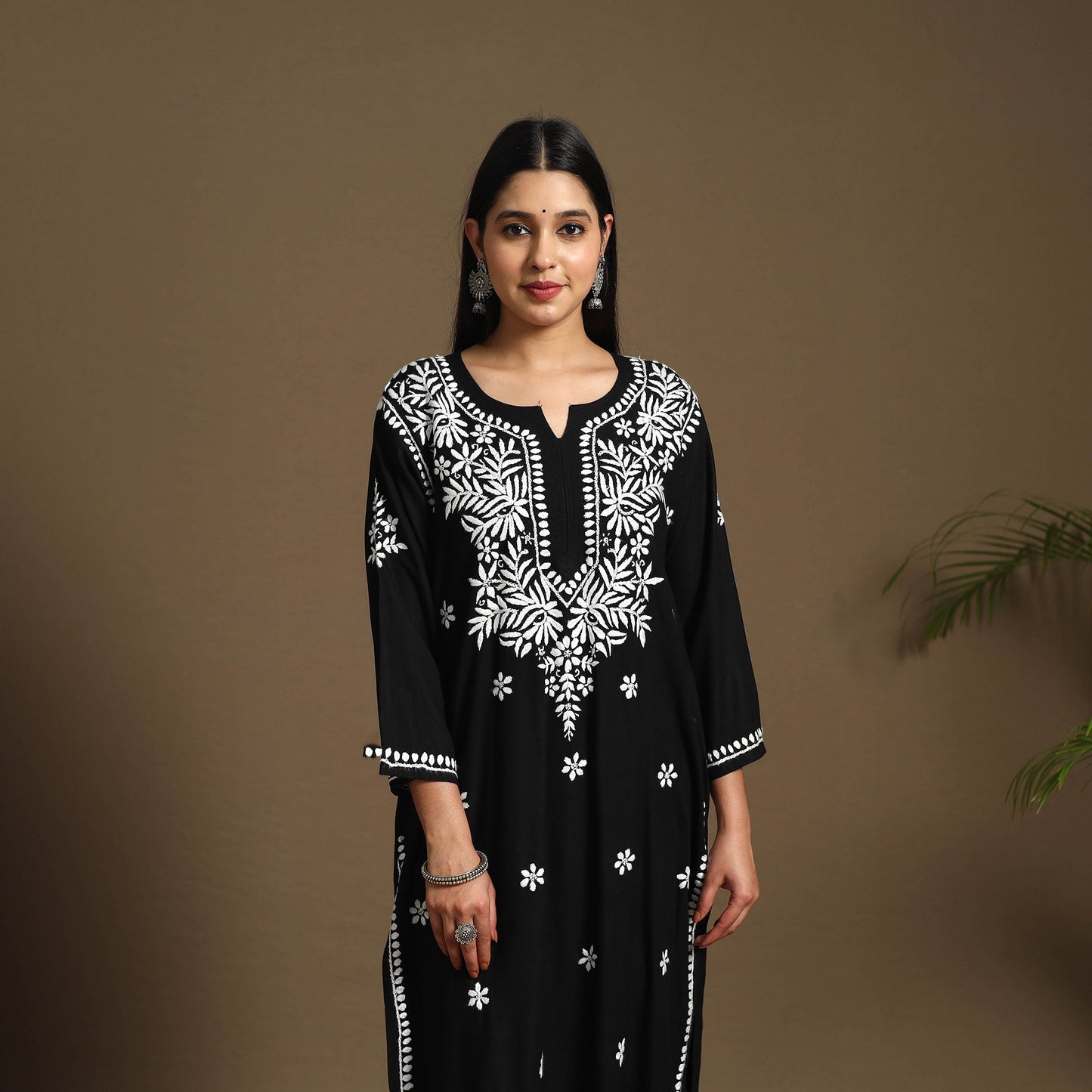 Black Hand Embroidered Rayon Chikankari Kurta with Pant Set