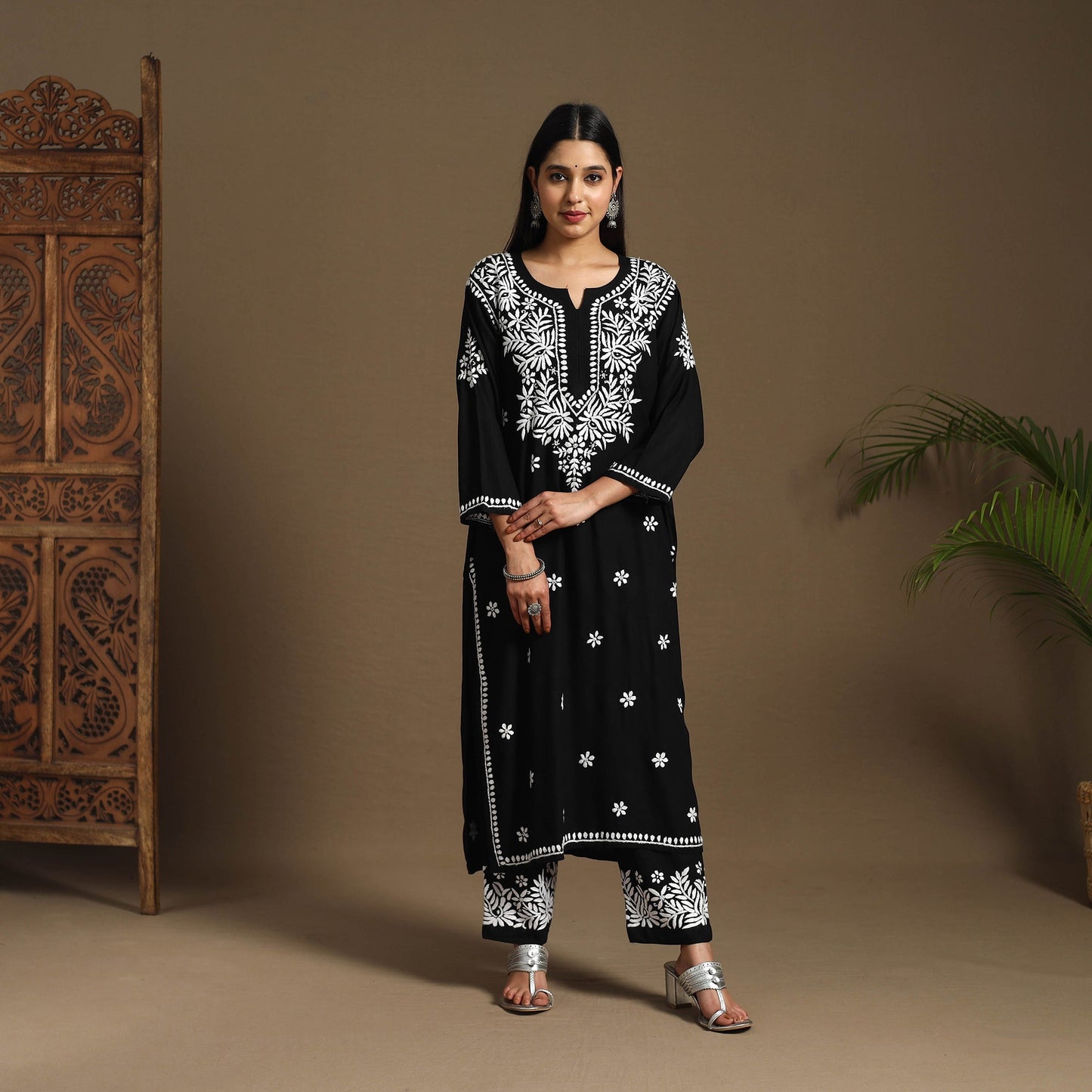 Black Hand Embroidered Rayon Chikankari Kurta with Pant Set