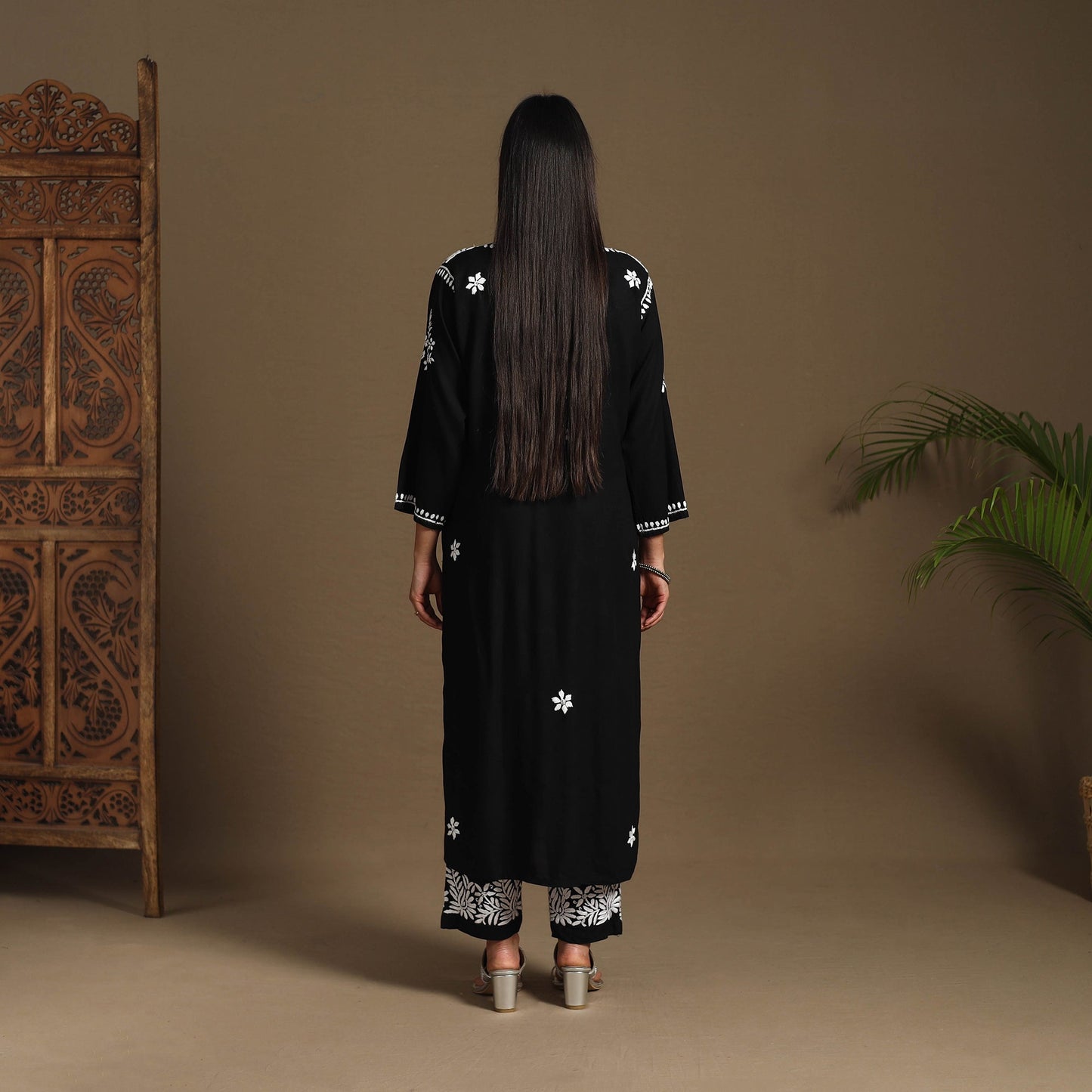 Black Hand Embroidered Rayon Chikankari Kurta with Pant Set