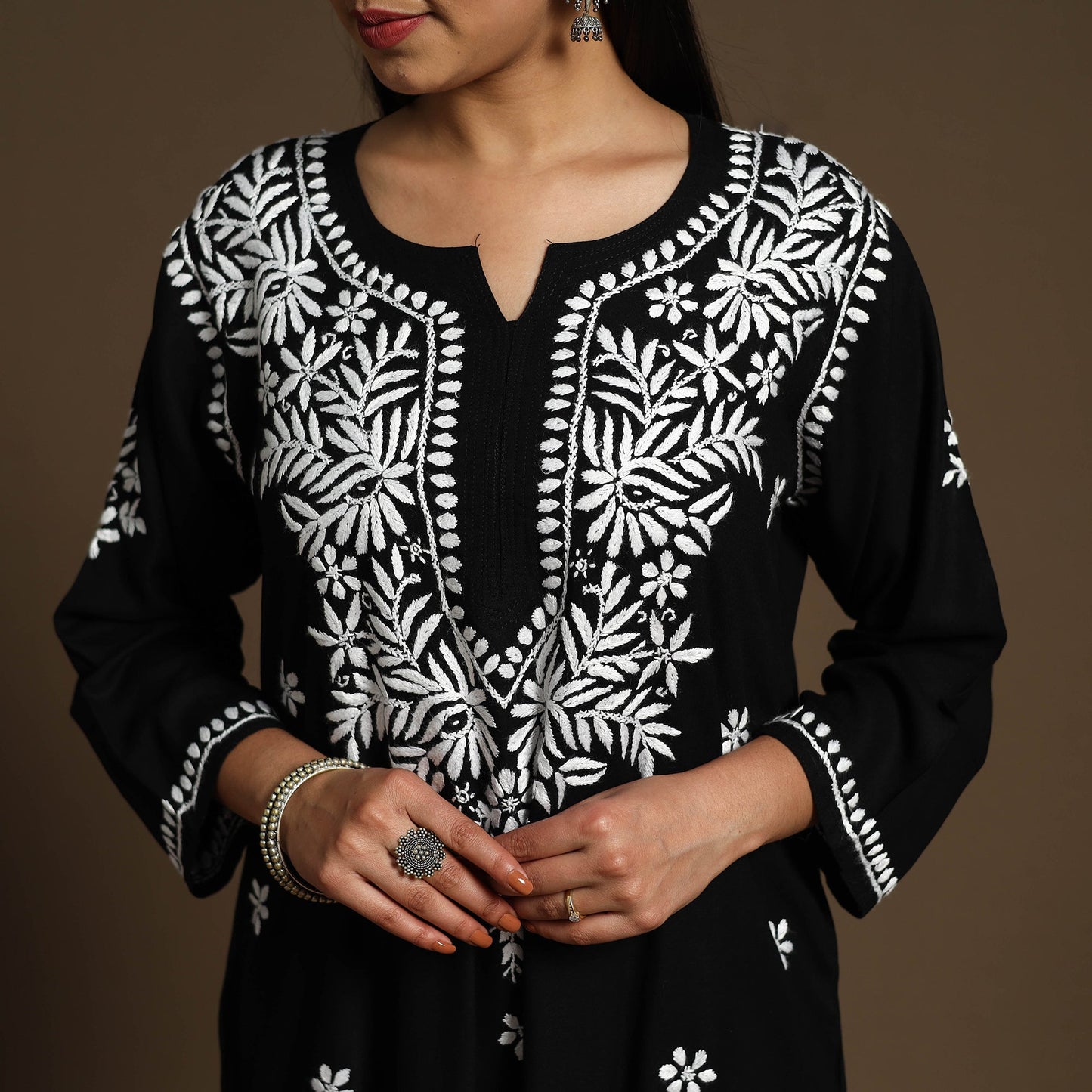 Black Hand Embroidered Rayon Chikankari Kurta with Pant Set