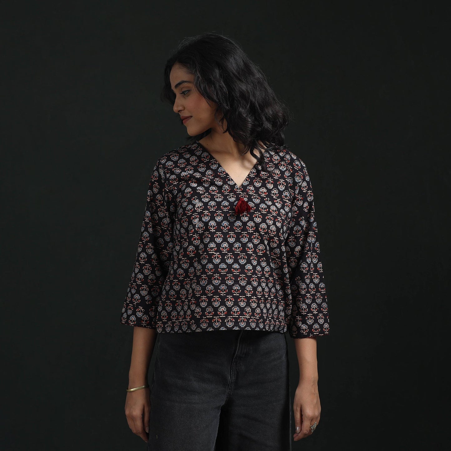 Hand embroidery block print cotton natural dyed ajrakh crop