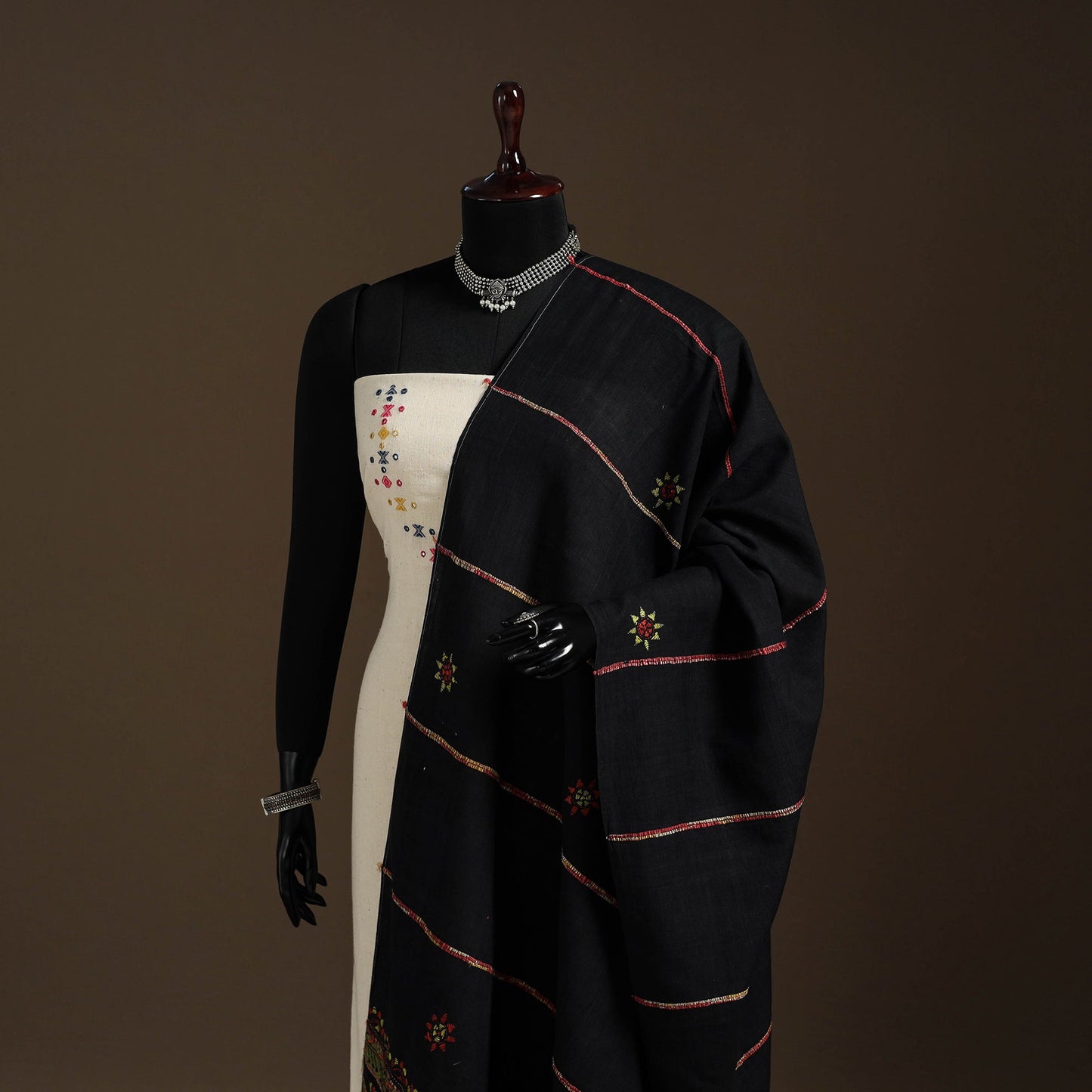 Black Hand Embroidery Khes Handwoven Cotton Kantha Dupatta