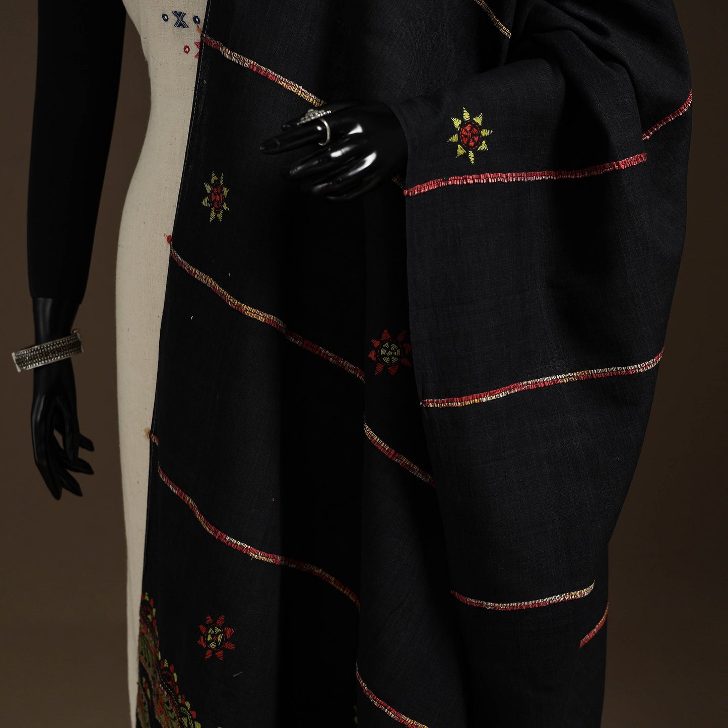 Black Hand Embroidery Khes Handwoven Cotton Kantha Dupatta