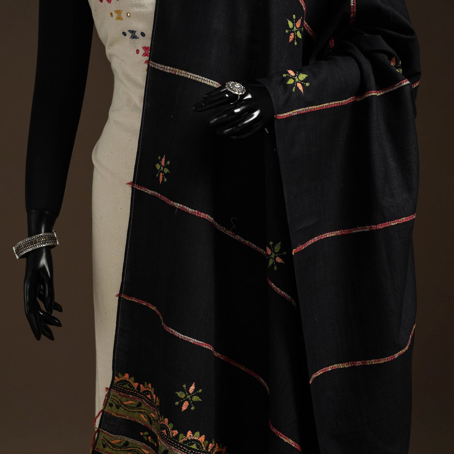 Black Hand Embroidery Khes Handwoven Cotton Kantha Dupatta