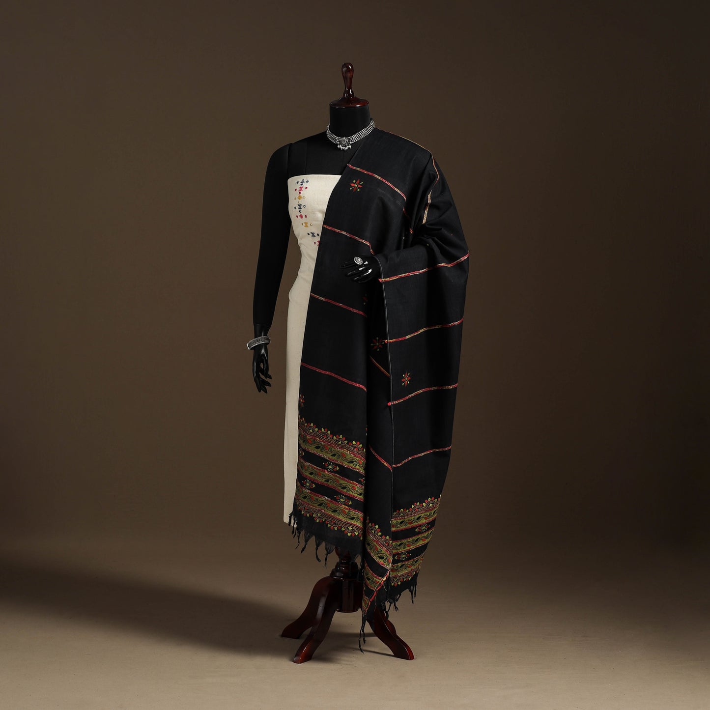 Black - hand embroidery khes handwoven cotton kantha