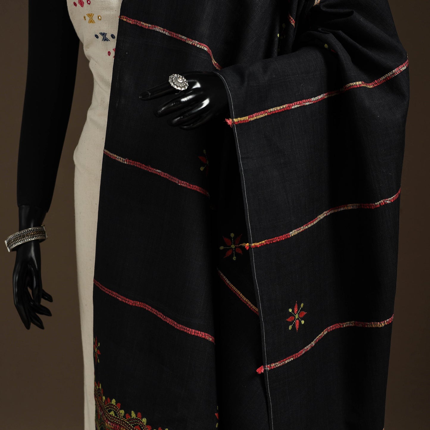 Black - hand embroidery khes handwoven cotton kantha