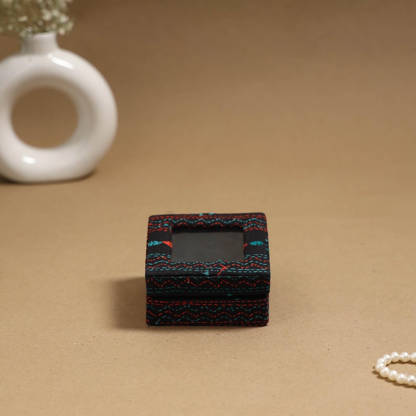 Handcrafted bengal kantha work fabric ring/earring box 68