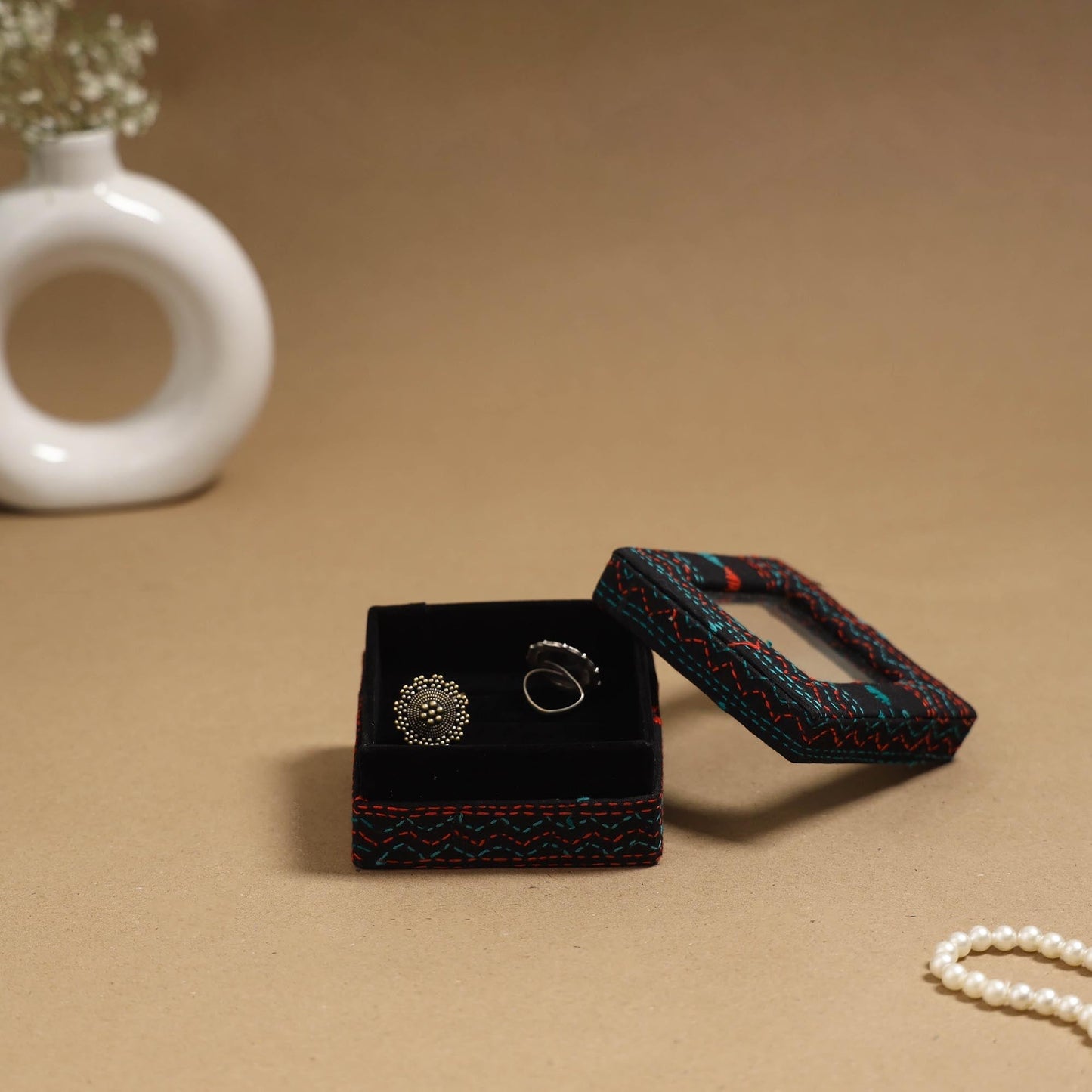 Handcrafted bengal kantha work fabric ring/earring box 68