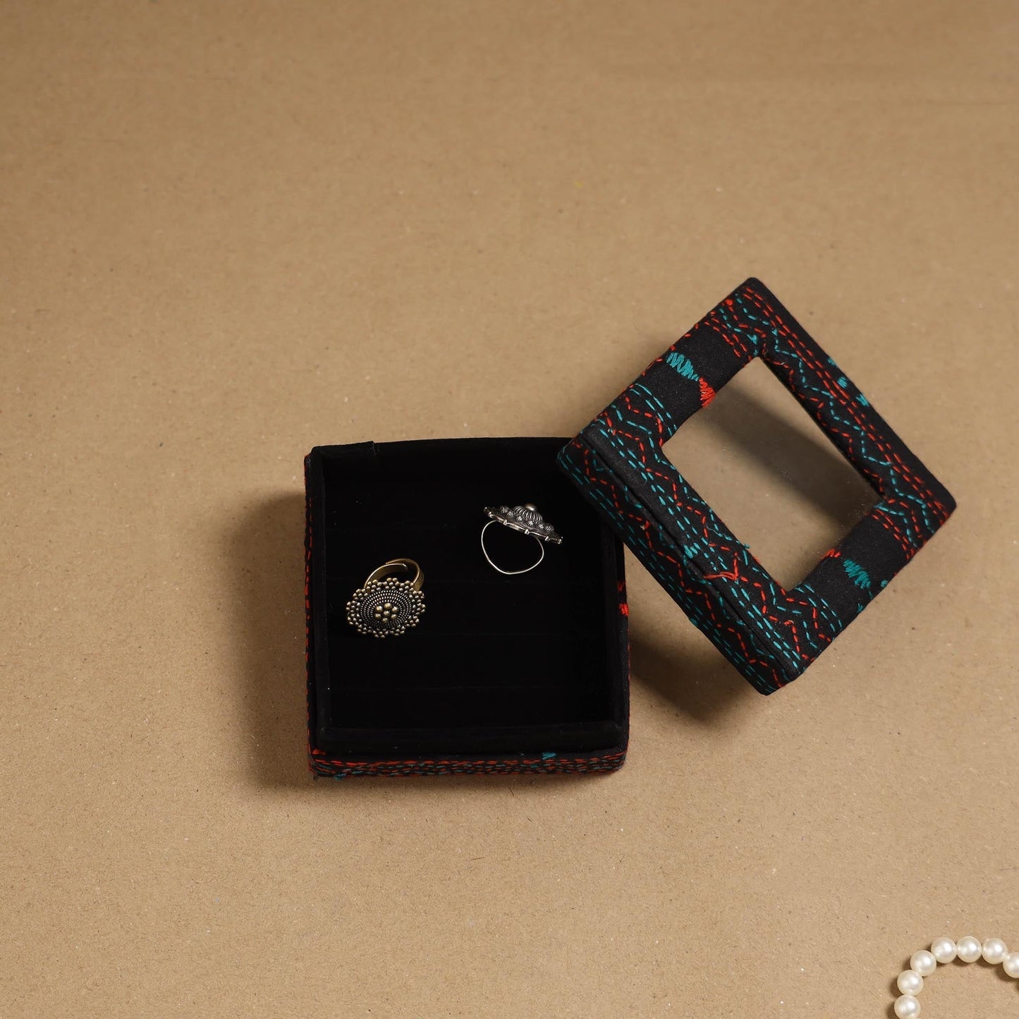 Handcrafted bengal kantha work fabric ring/earring box 68