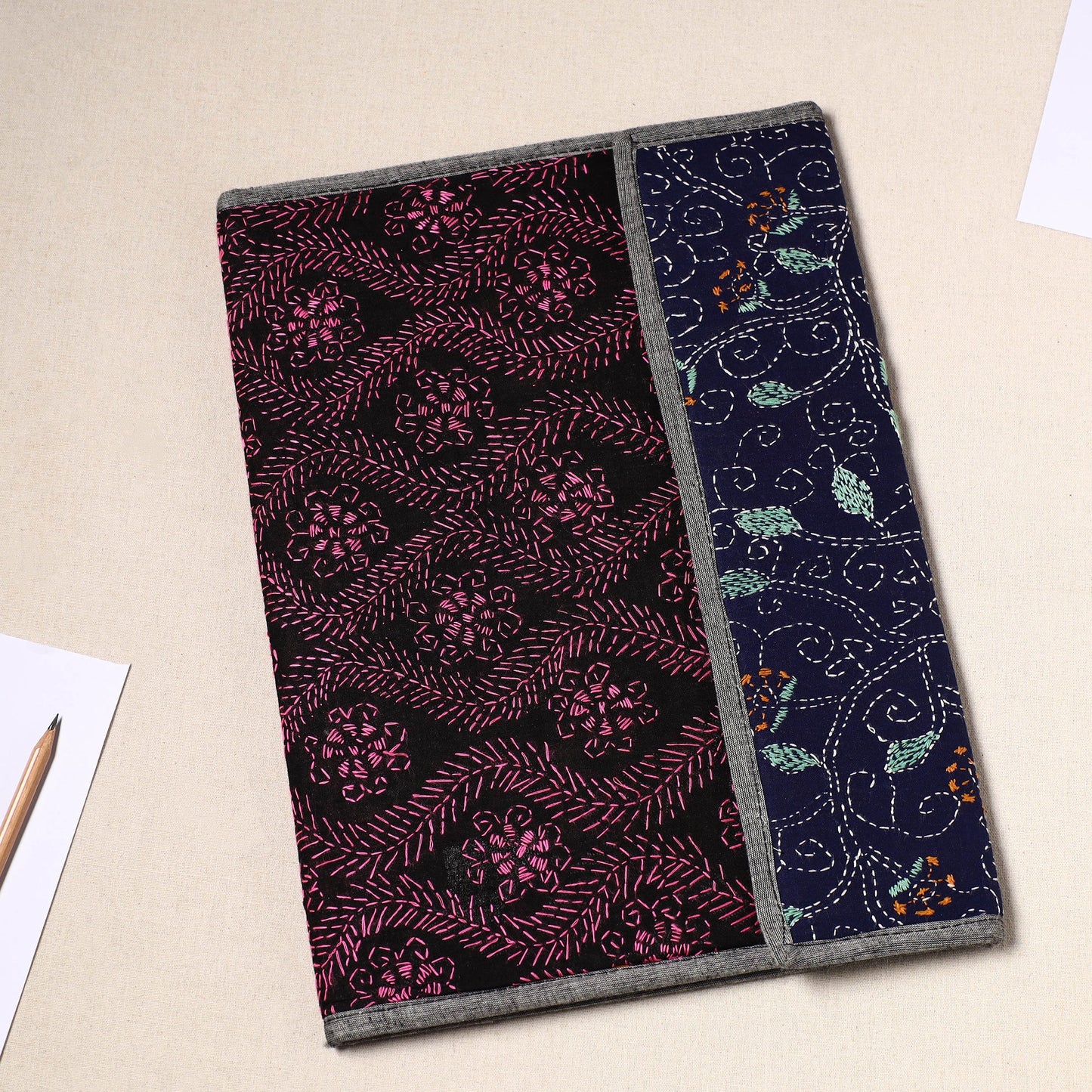 Black Handcrafted Bengal Kantha Work File Folder