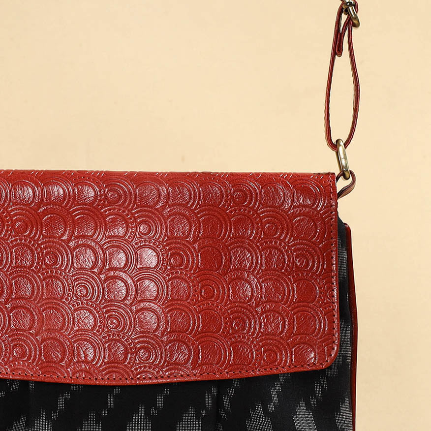 Black - Handcrafted Ikat Fabric Sling Bag with Embossed Leather Flap