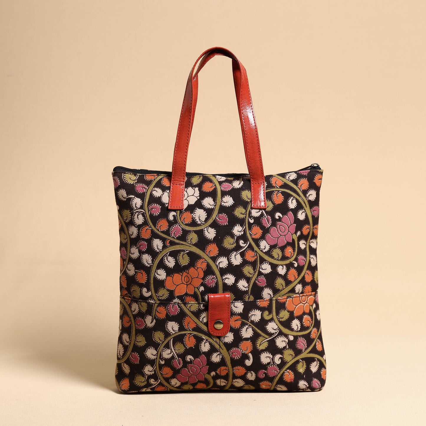Black Handcrafted Kalamkari Block Printed Hand Bag with Leather Handle