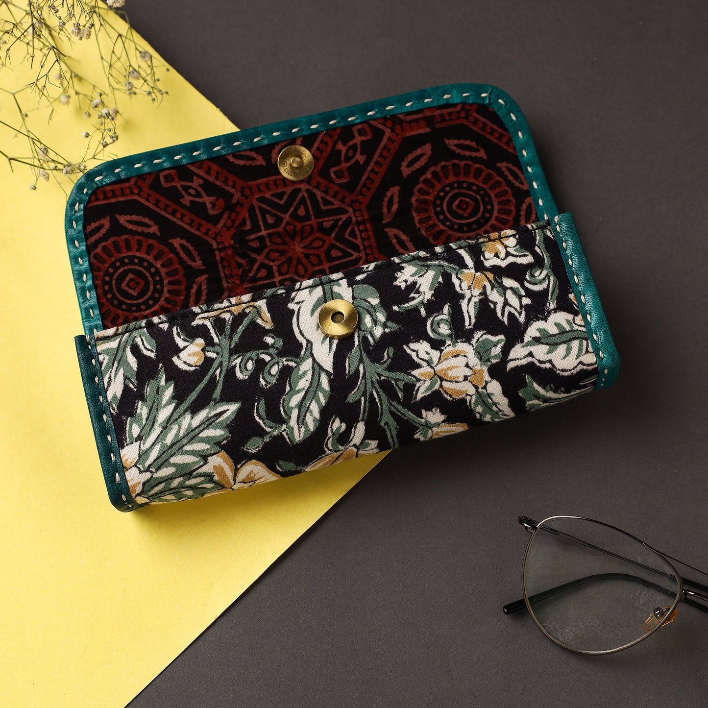 Black Handcrafted Kutch Leather Block Printed Spectacle Case
