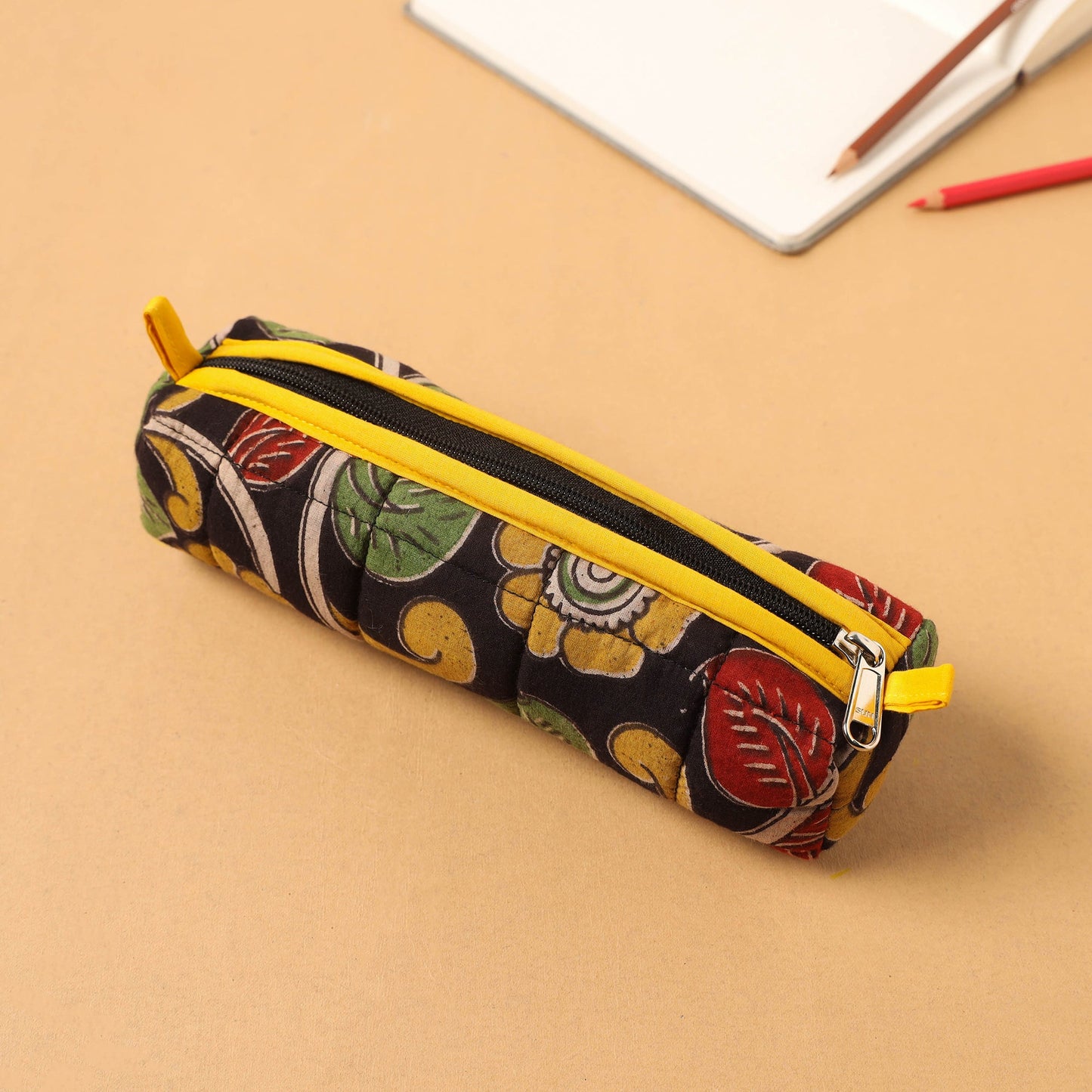 Black Handcrafted Quilted Cotton Pencil Pouch