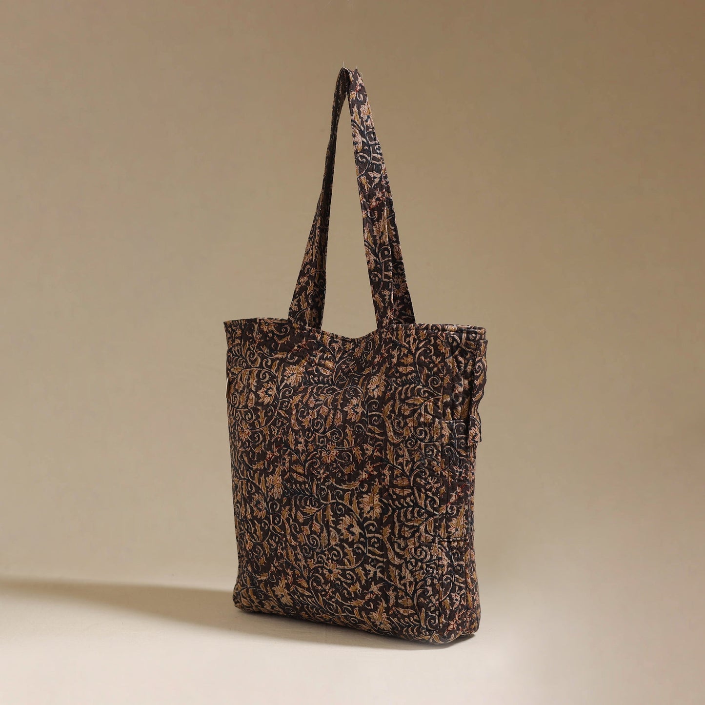 Handcrafted quilted kalamkari block printed fabric tote bag