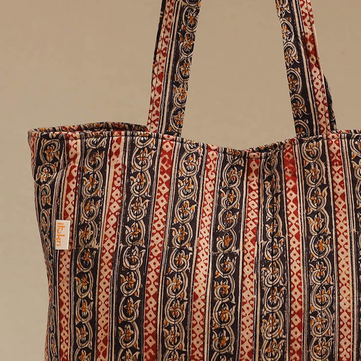 Handcrafted quilted kalamkari block printed fabric tote bag