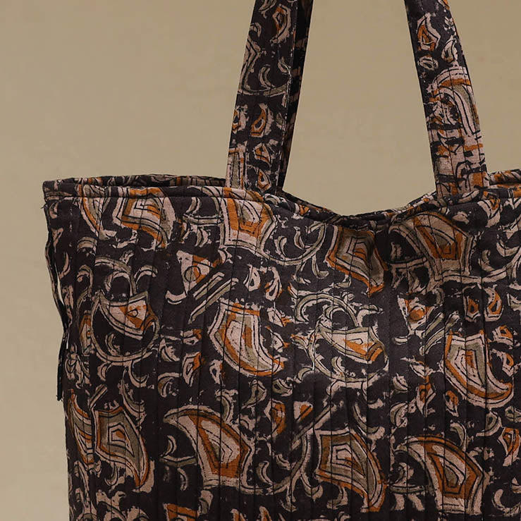 Handcrafted quilted kalamkari block printed fabric tote bag