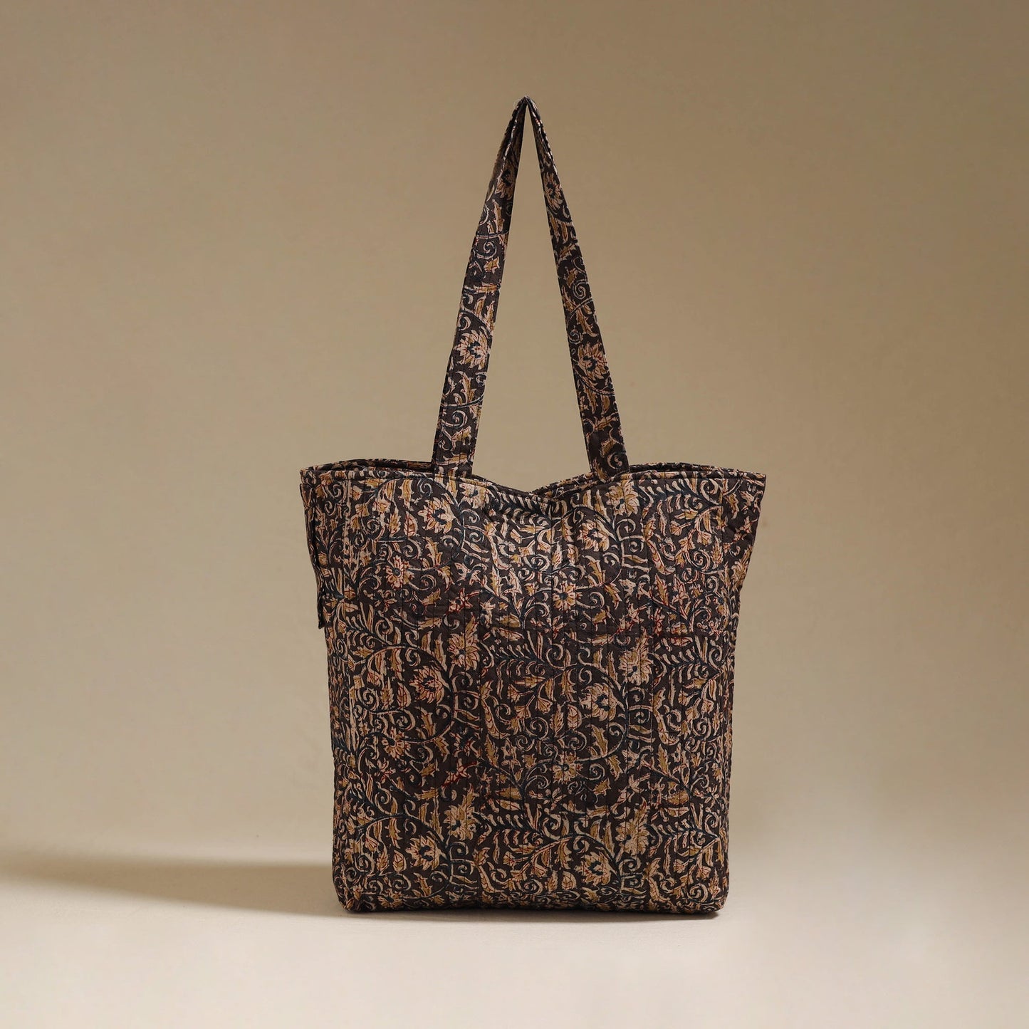 Handcrafted quilted kalamkari block printed fabric tote bag