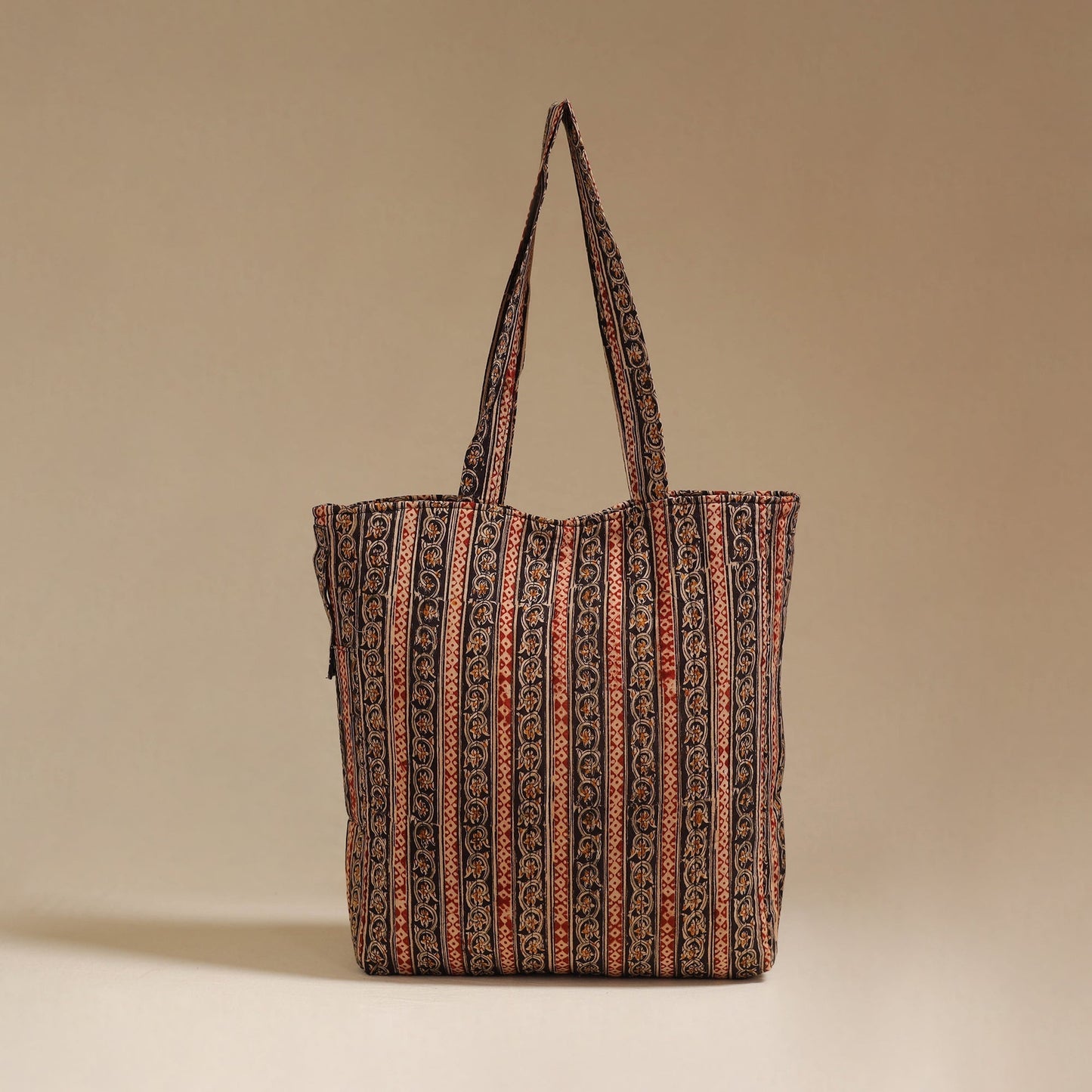 Handcrafted quilted kalamkari block printed fabric tote bag