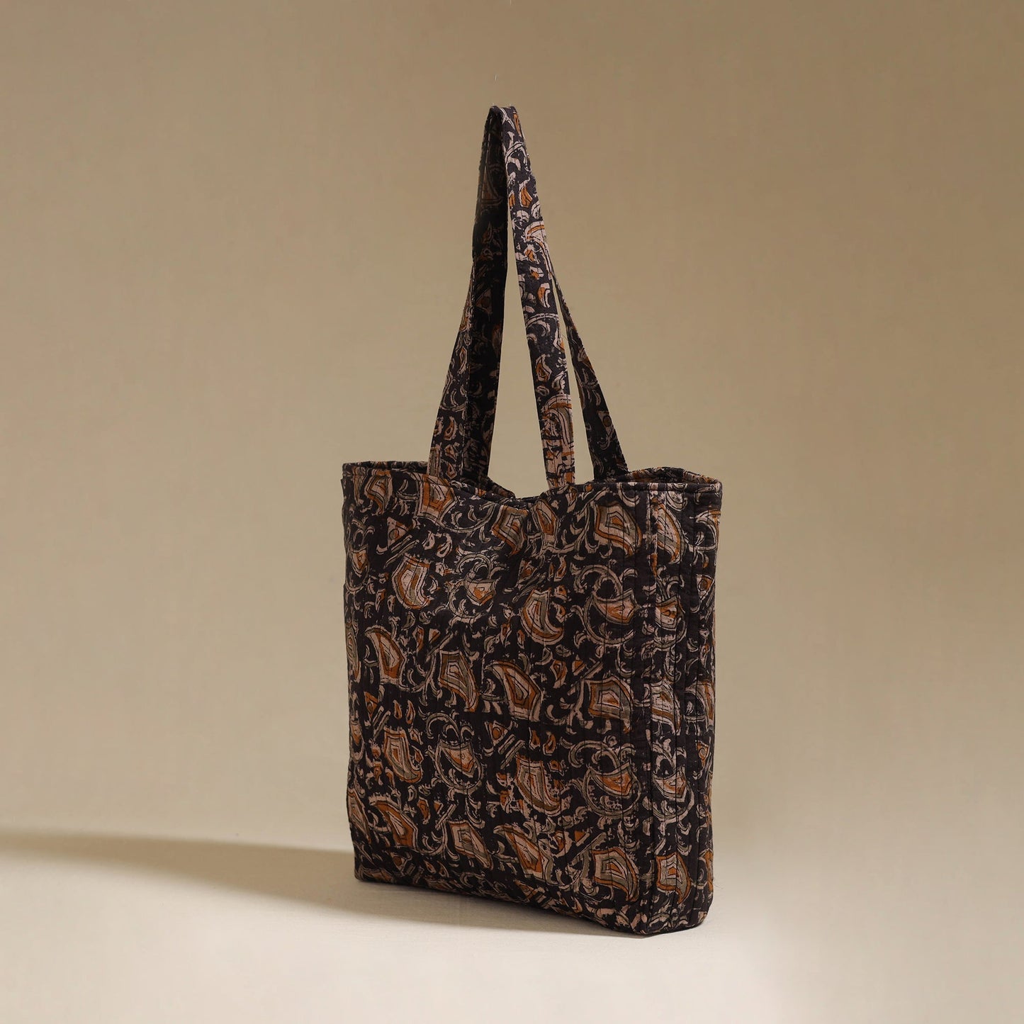 Handcrafted quilted kalamkari block printed fabric tote bag