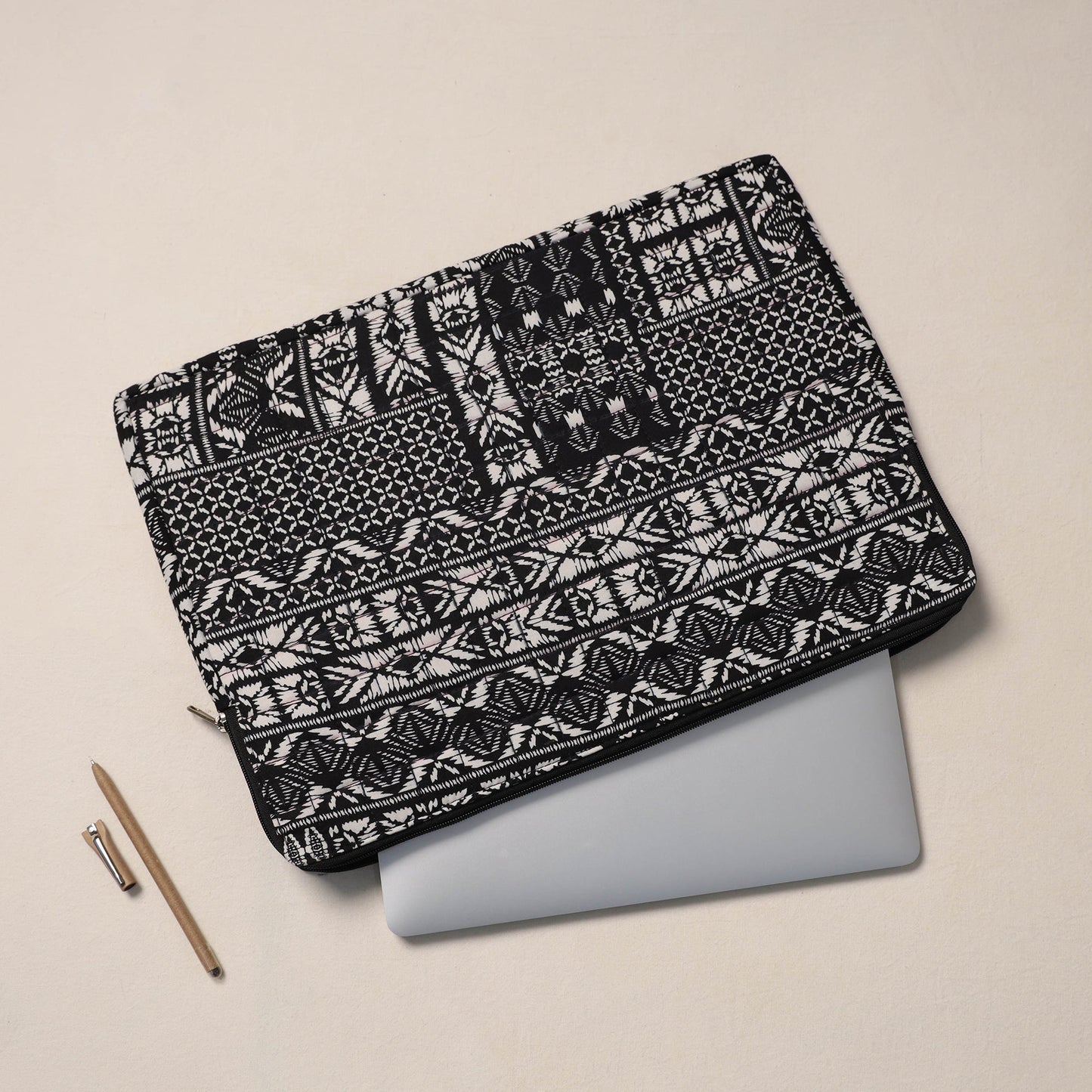 Black Handcrafted Quilted Laptop Sleeve (11 x 16 in)