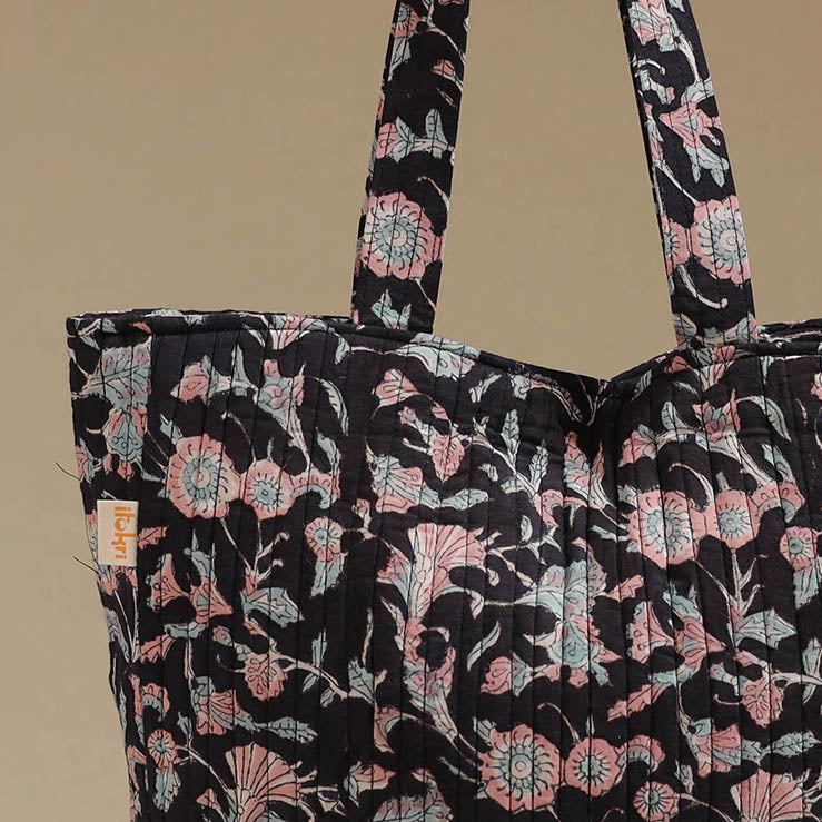 Handcrafted quilted sanganeri block printed fabric tote bag