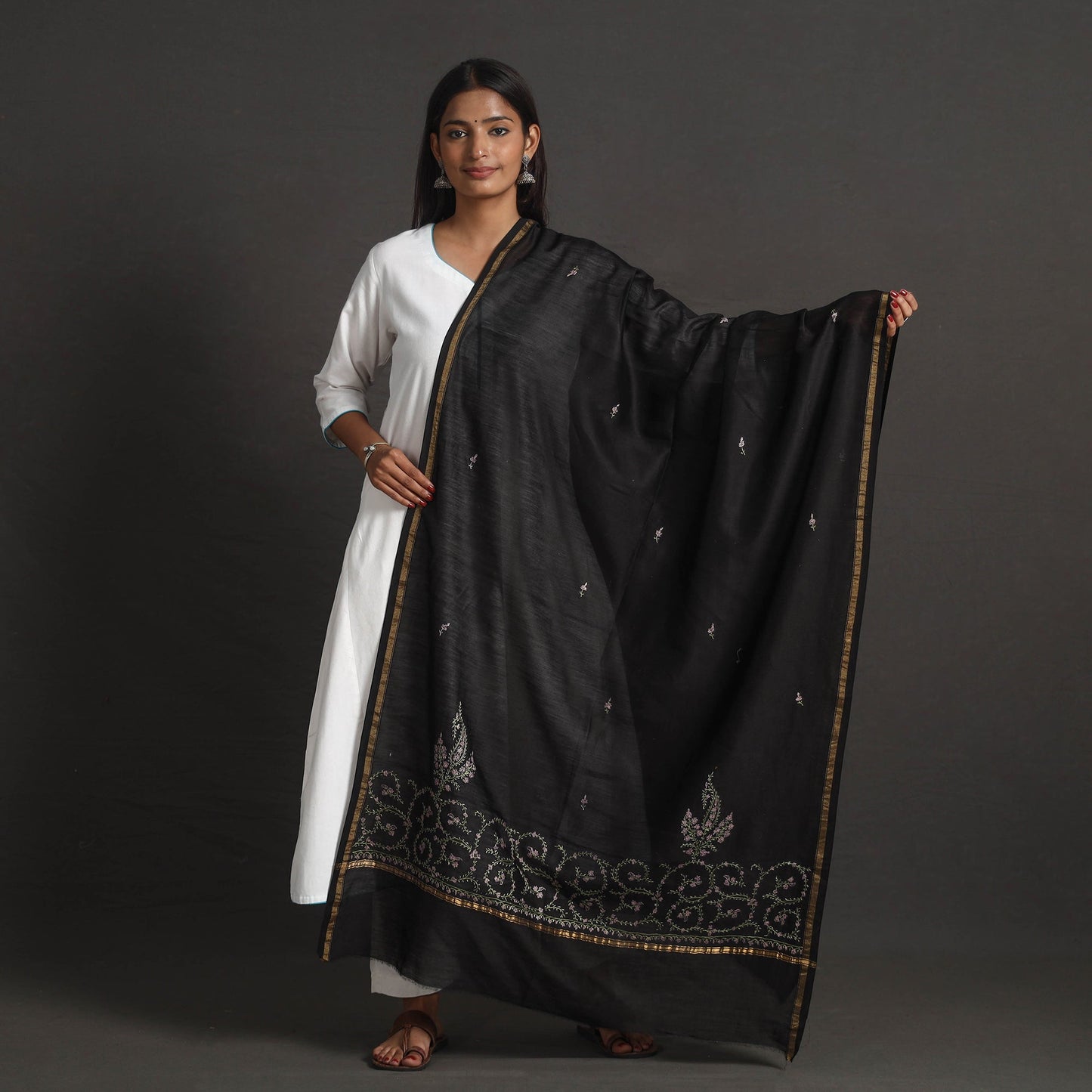 Black - handloom chanderi silk kashida embroidery dupatta
