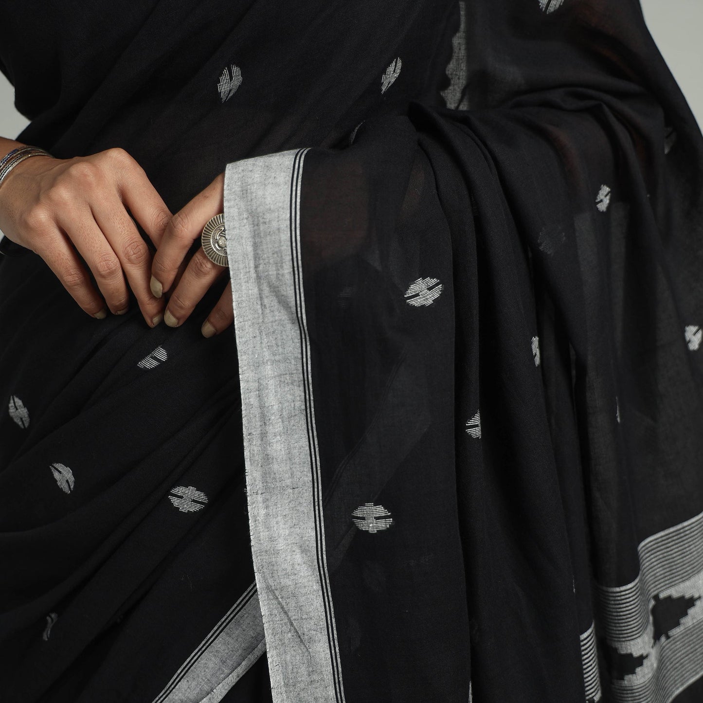 Black - handloom cotton phulia jamdani saree with tassels