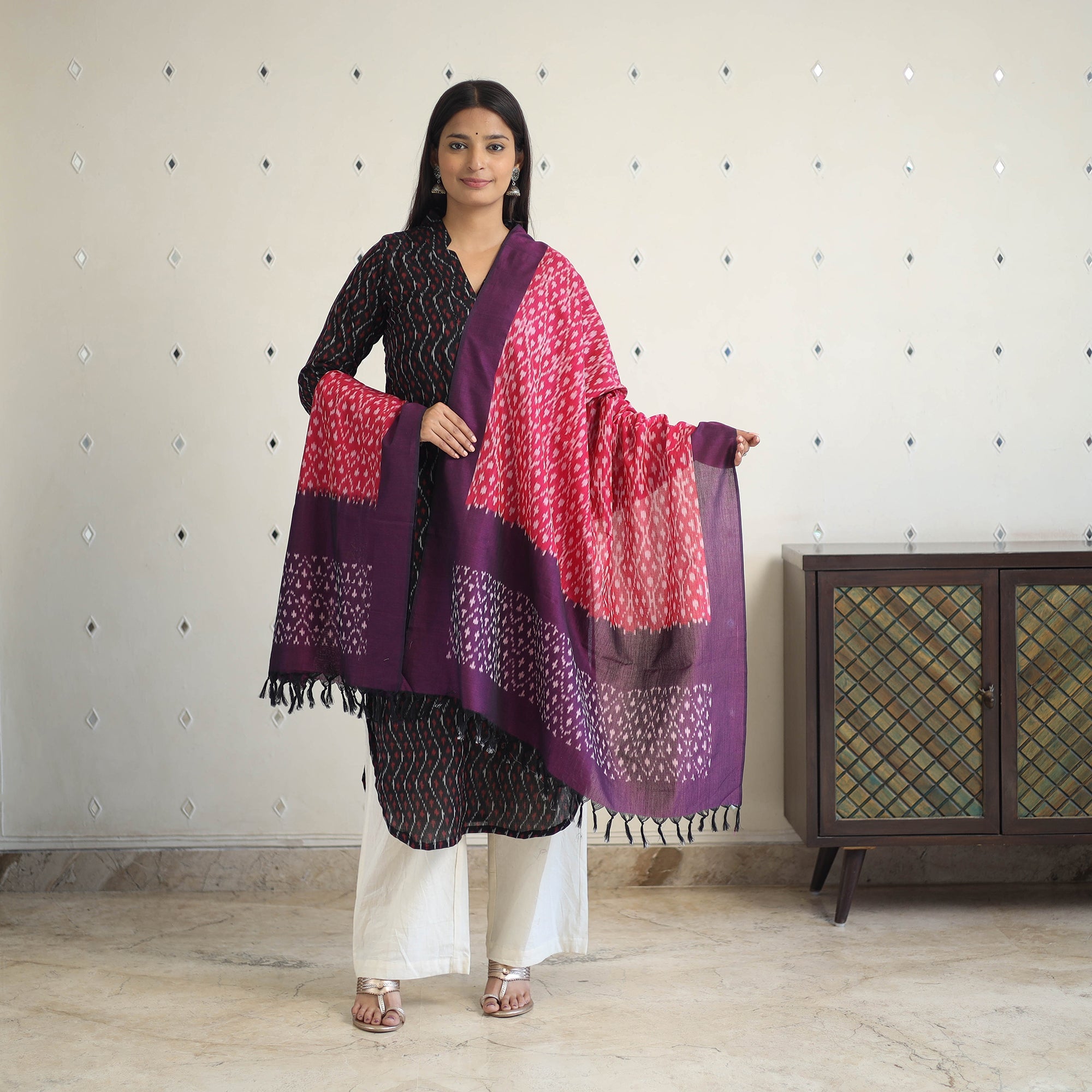 Red - Handloom Cotton Straight Pochampally Double Ikat Kurta 07