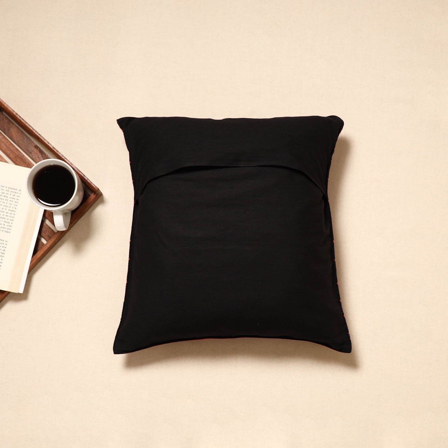 Black - handloom cotton urmul kashida stitch cushion cover