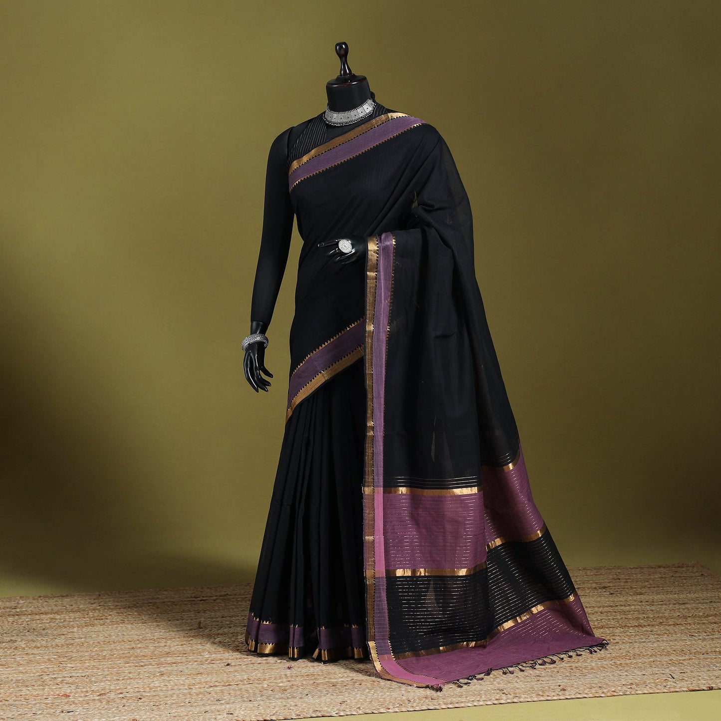 Black - handloom cotton zari border mangalagiri saree 26
