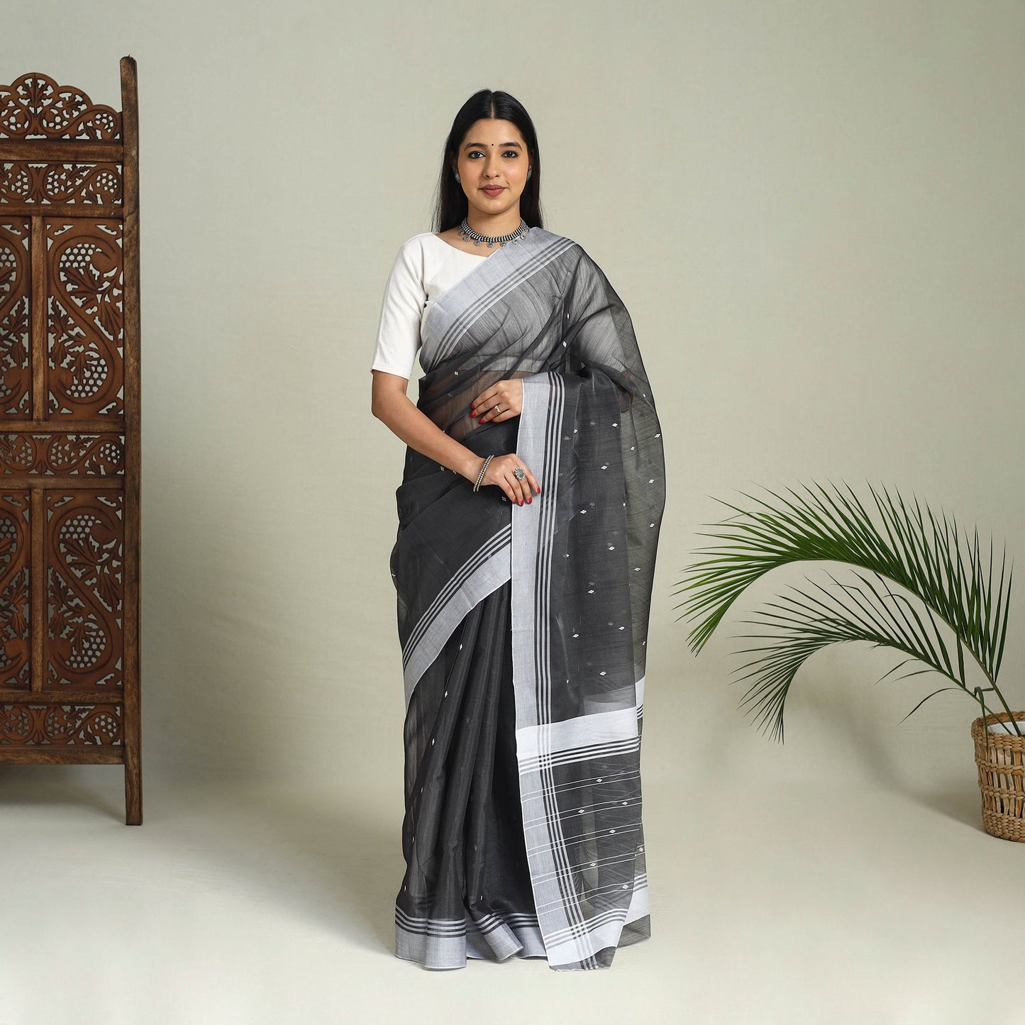 Buy Black Handloom Thread Buti Chanderi Cotton Saree