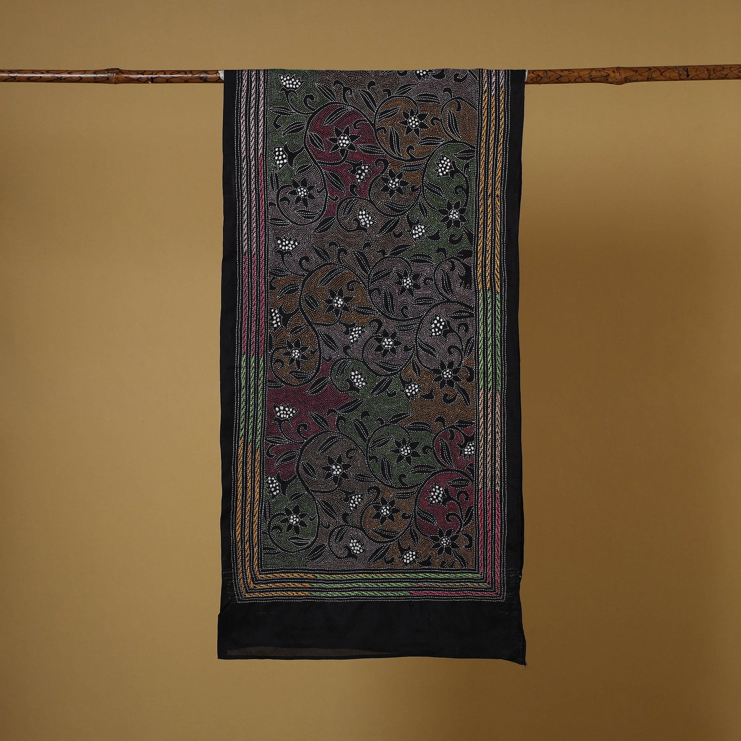 Black - handloom tussar silk bengal kantha work stole 06