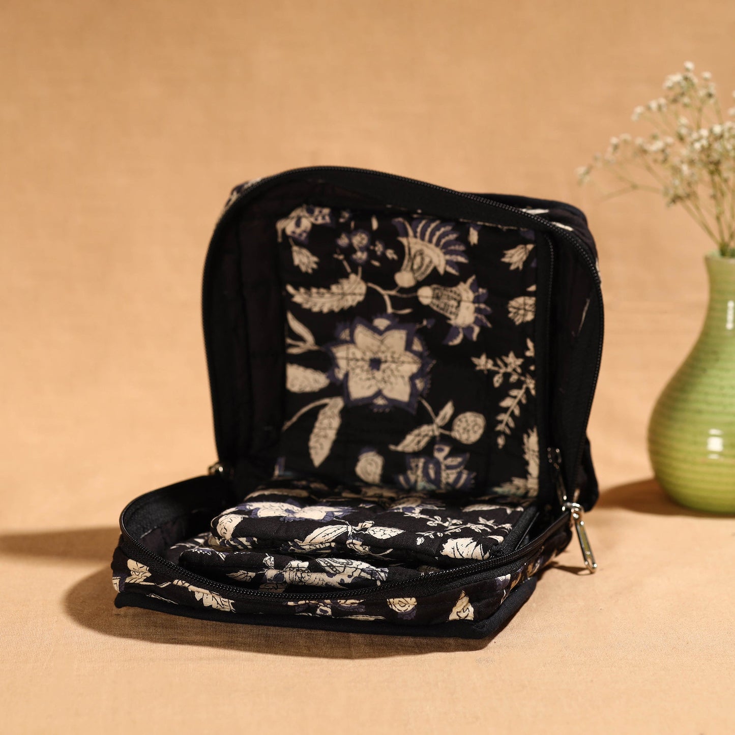 Black Handmade Cotton Jewelry Organizer Bag for Travel