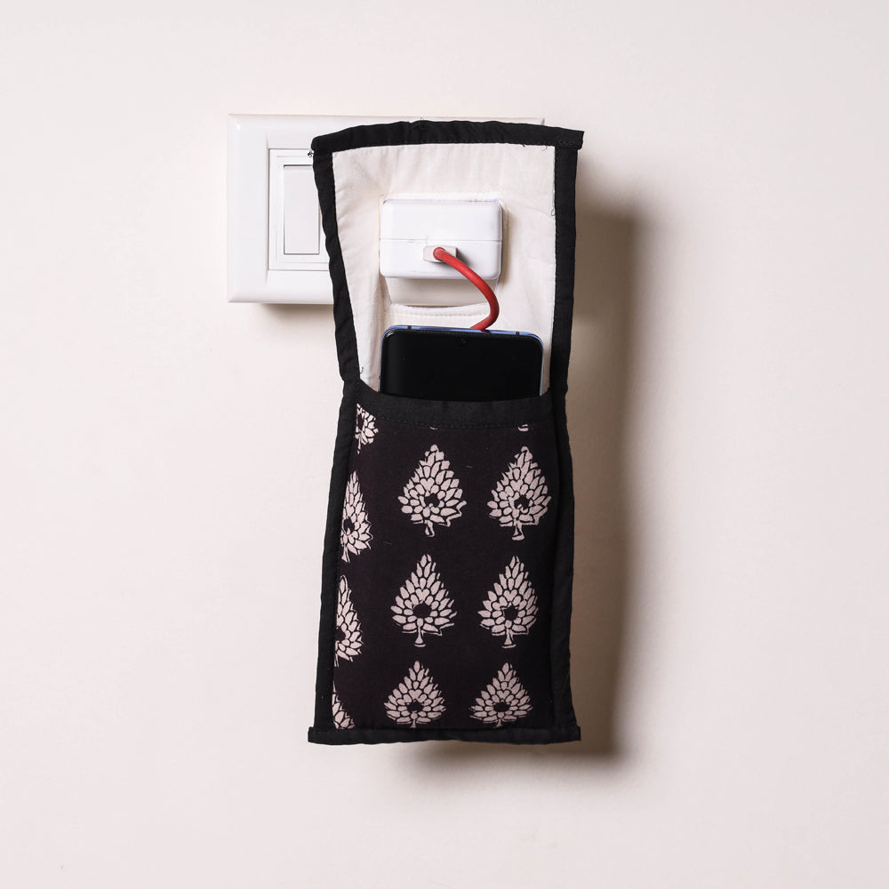 Black Handmade Cotton Fabric Mobile Charging Holder