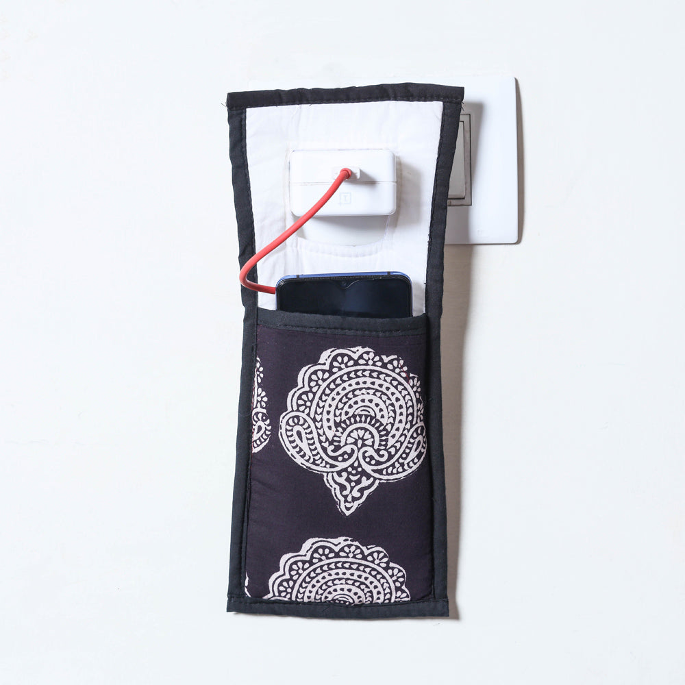 Black Handmade Cotton Fabric Mobile Charging Holder