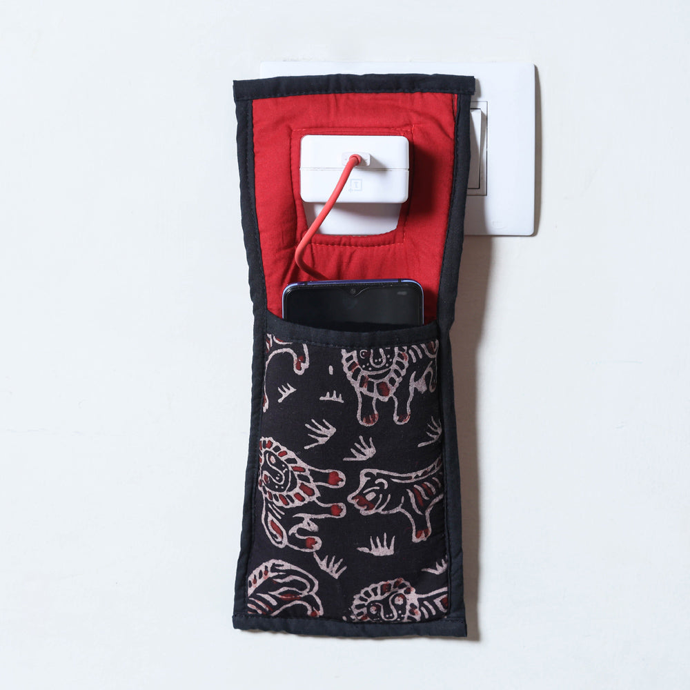 Black Handmade Cotton Fabric Mobile Charging Holder