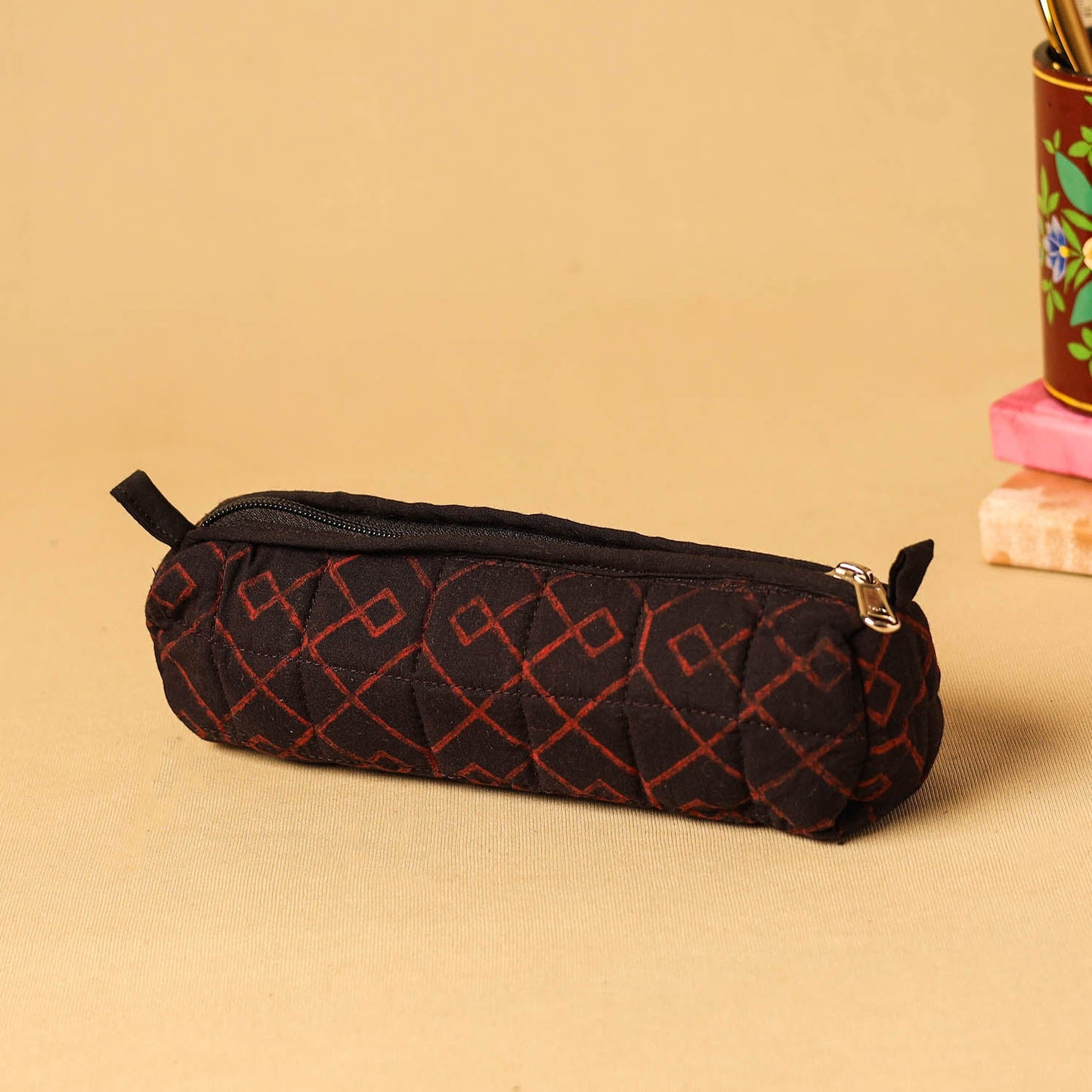 Black - handmade cotton quilted pencil pouch 22